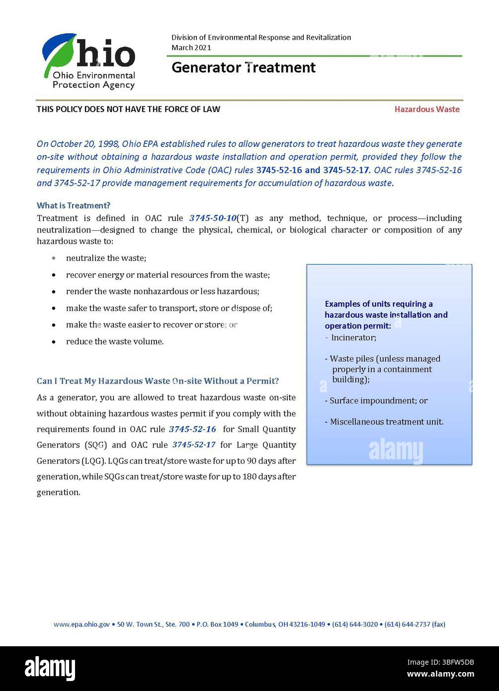 Le présent document décrit les lignes directrices pour le traitement et la gestion appropriés des générateurs. Publié en mars 2021, il met l'accent sur les exigences réglementaires et les pratiques exemplaires en matière de traitement des déchets dangereux produits par les petits et grands producteurs. Banque D'Images
