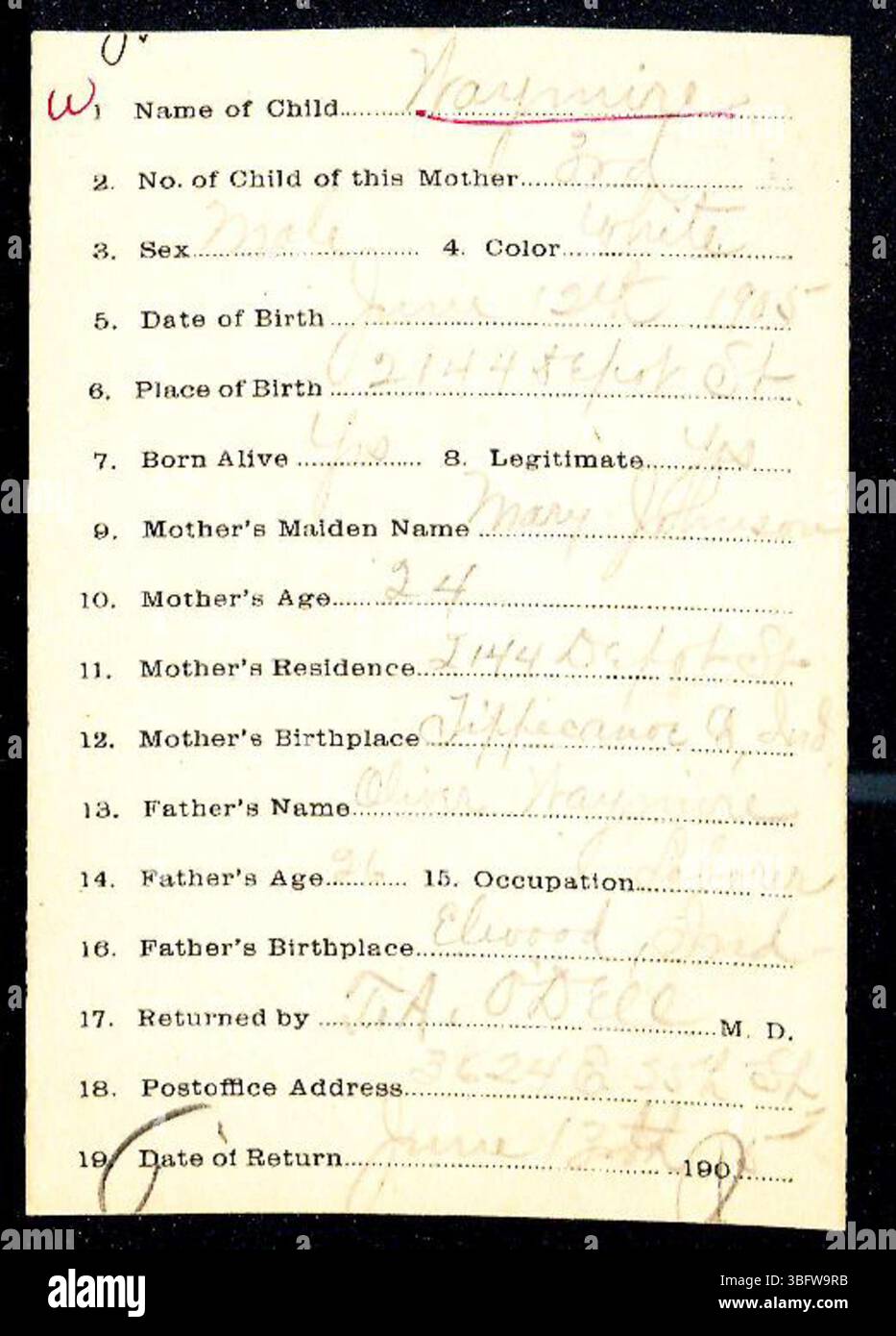 Cette série de déclarations de naissance du comté de Marion, Indiana, couvre 1882 à 1907, déposées par les médecins et les sages-femmes auprès du ministère de la santé. Les documents ont été utilisés pour délivrer des certificats de naissance et, bien que l'enregistrement des naissances ait été obligatoire à partir de 1882, il a été volontaire jusqu'en 1907. Les déclarations de naissance sont triées par ordre alphabétique par nom de famille, bien que certains puissent être mal classés en raison d'erreurs d'écriture ou d'orthographe. Banque D'Images