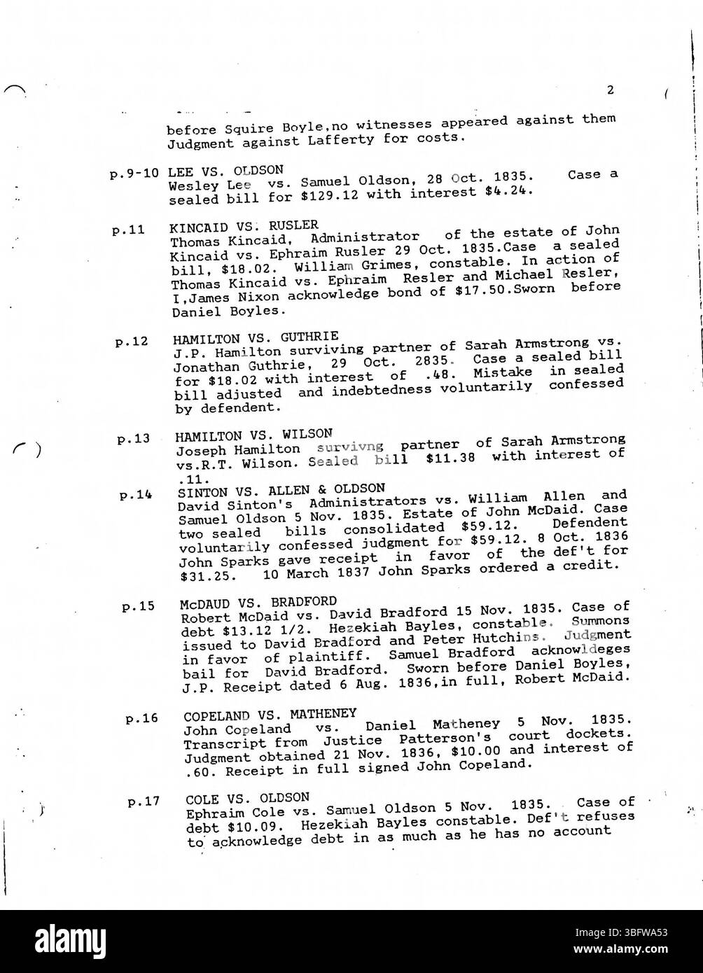 Ce document présente des résumés du journal de 1836-1837 de Daniel Boyle, juge de paix dans le canton de Tiffin, comté d'Adams, Ohio. Il met en lumière ses activités et ses décisions au cours de cette période, contribuant à la compréhension des pratiques juridiques locales. Banque D'Images