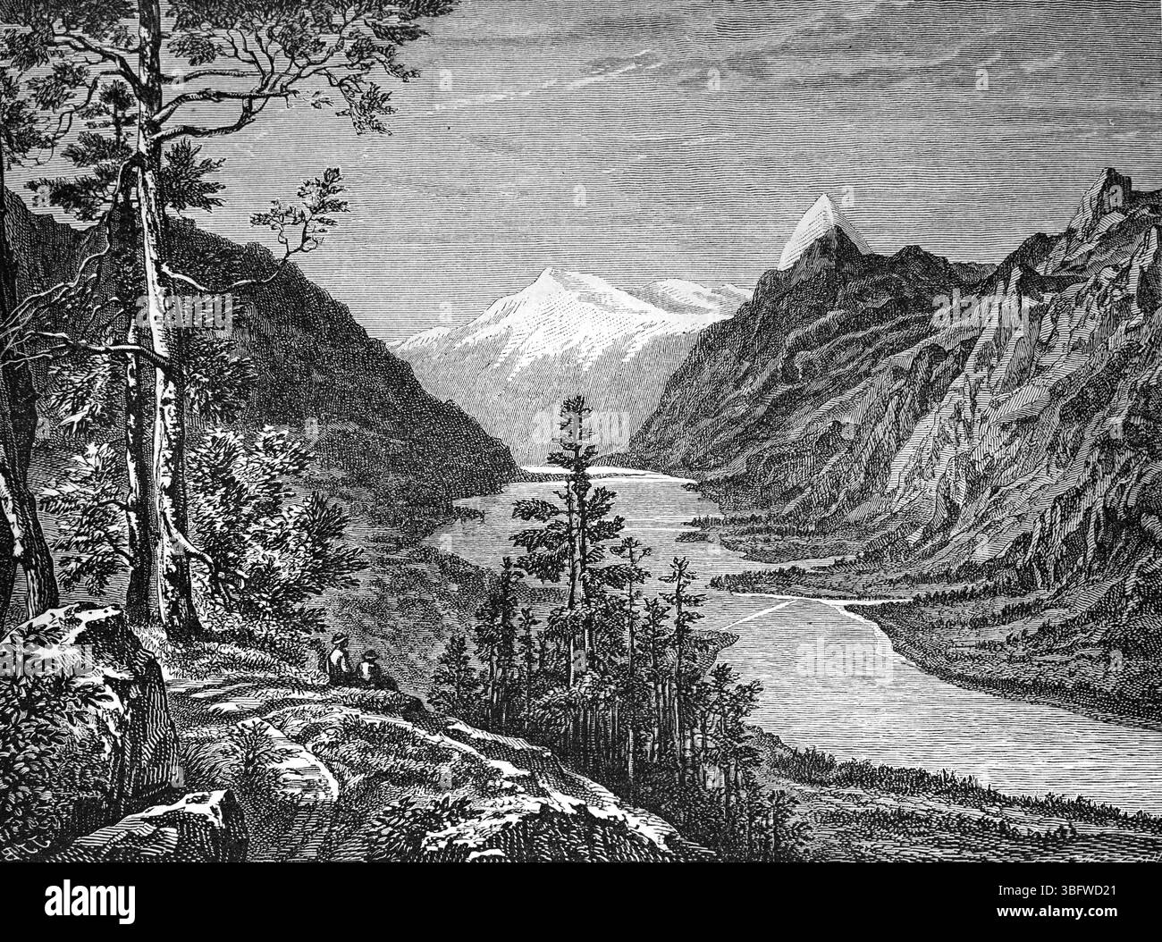 Lac Athabasca et rivière Athabasca dans le parc national Jasper Alberta Canada. Gravure vintage ou historique ou illustration 1866 Banque D'Images