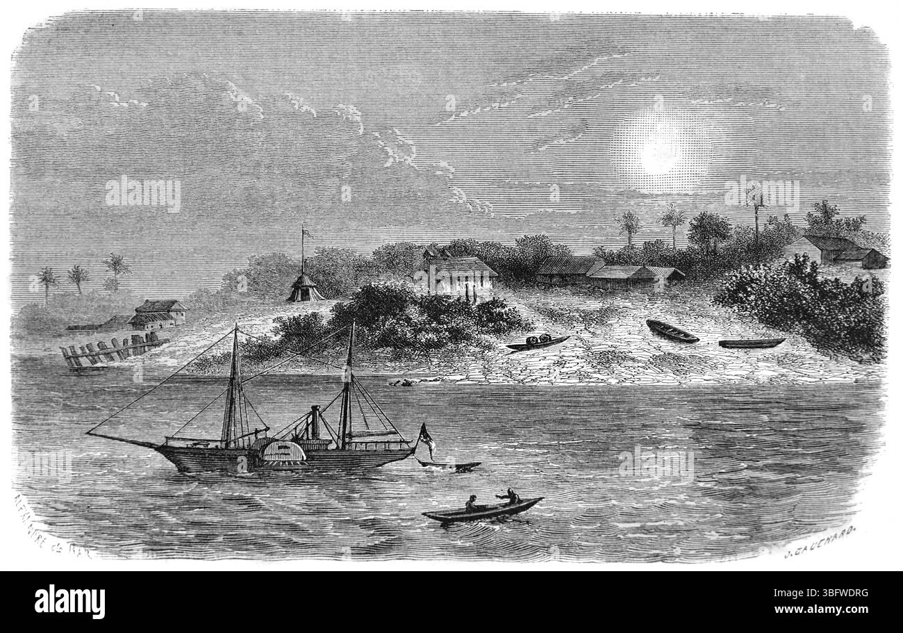 Early Steamboat, HMS Pioneer, Paddle Steamer de David Livingstone sur lequel il a exploré le fleuve Zambèze, la Zambie ou le Mozambique Afrique de l'est. Gravure vintage ou historique ou illustration 1866 Banque D'Images