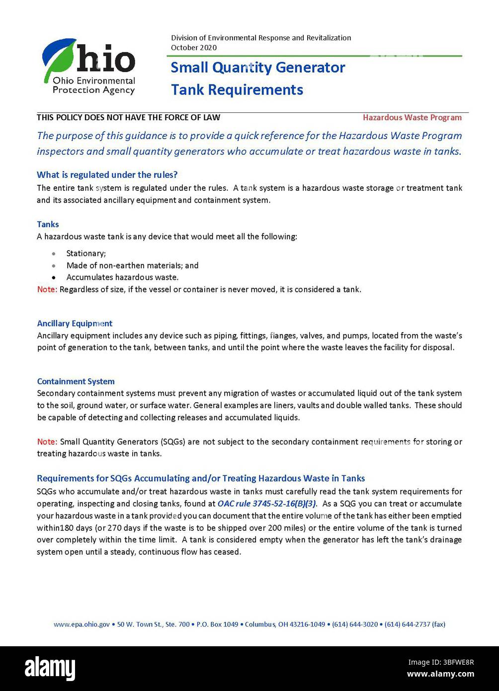 Le présent document contient des réglementations pour les générateurs de petites quantités concernant la gestion appropriée des réservoirs de stockage de déchets dangereux. Il a été publié en octobre 2020 et comprend des détails sur les exigences relatives à l'entretien des réservoirs, les normes de sécurité et les procédures d'élimination. Banque D'Images