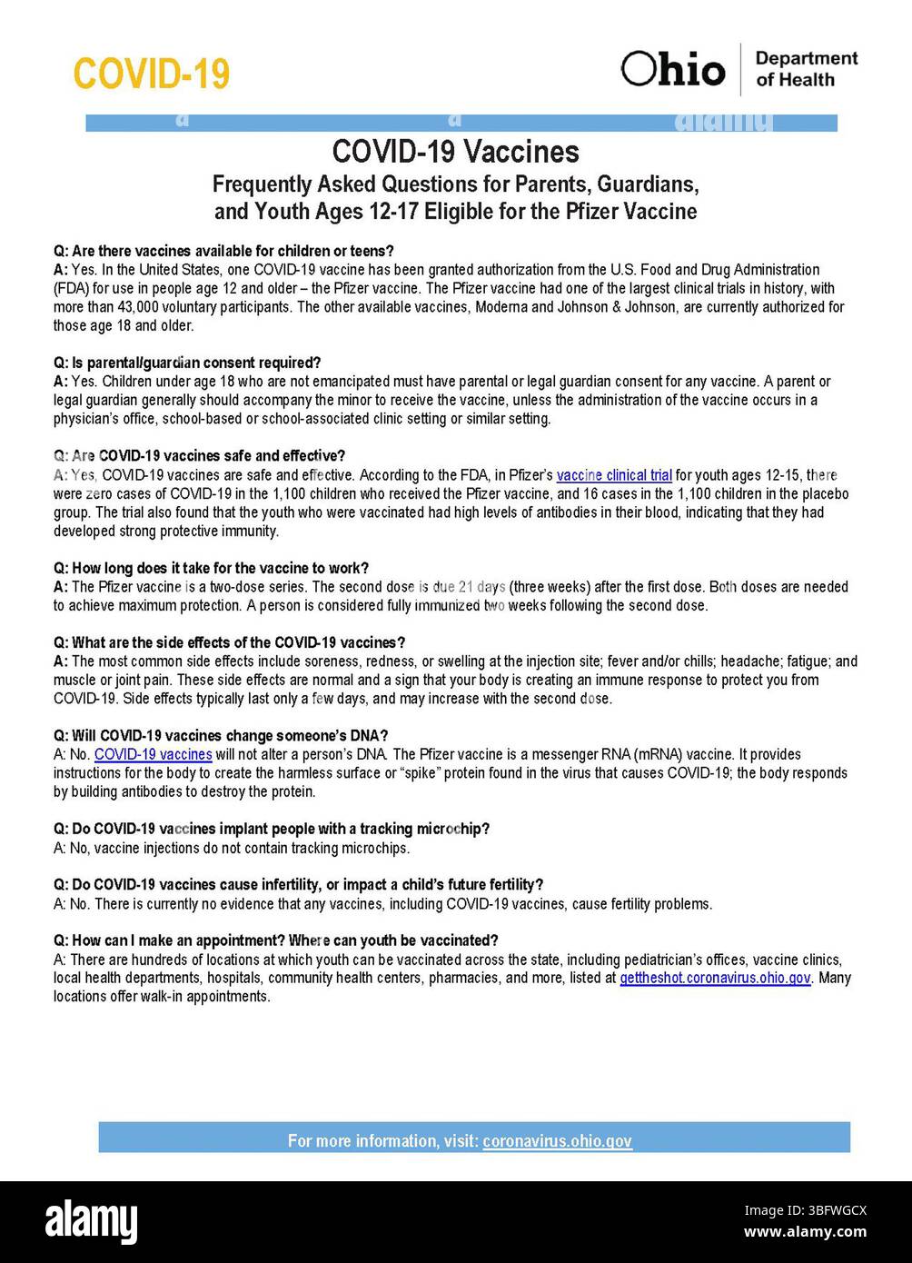 Ce document FAQ, mis à jour le 16 mai 2021, fournit des renseignements clés sur le vaccin COVID-19 de Pfizer pour les parents, les tuteurs et les jeunes âgés de 12 à 17 ans. Il traite de l'admissibilité au vaccin, de l'innocuité et de l'importance de la vaccination dans ce groupe d'âge. Banque D'Images