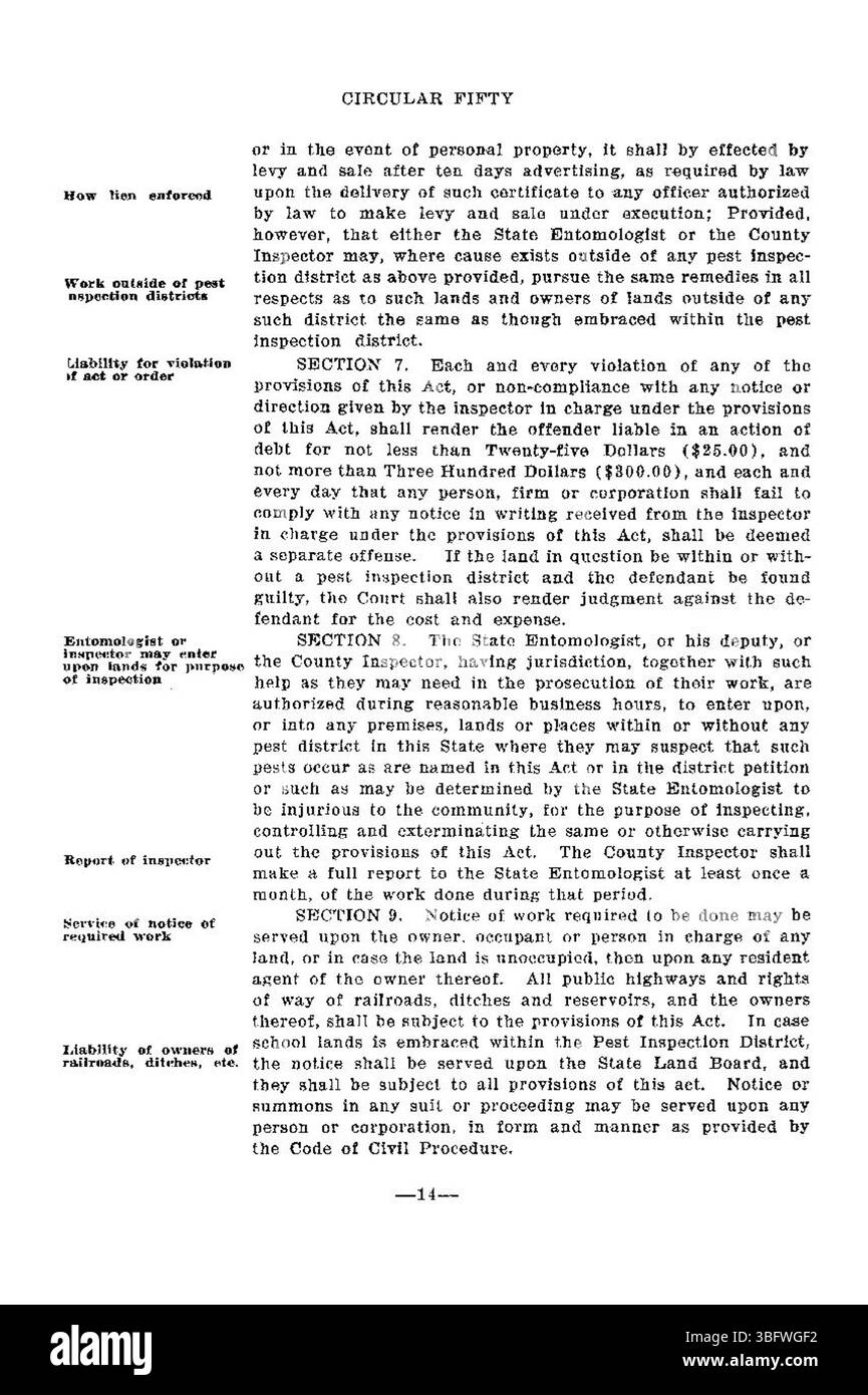 La loi de 1926 sur les parasites dans le Colorado habilite l'entomologiste de l'État à prendre des mesures contre les épidémies de parasites menaçant l'agriculture. Il décrit en détail comment les ravageurs devraient être identifiés, déclarés et contrôlés pour prévenir les pertes économiques et assurer la santé publique. Banque D'Images