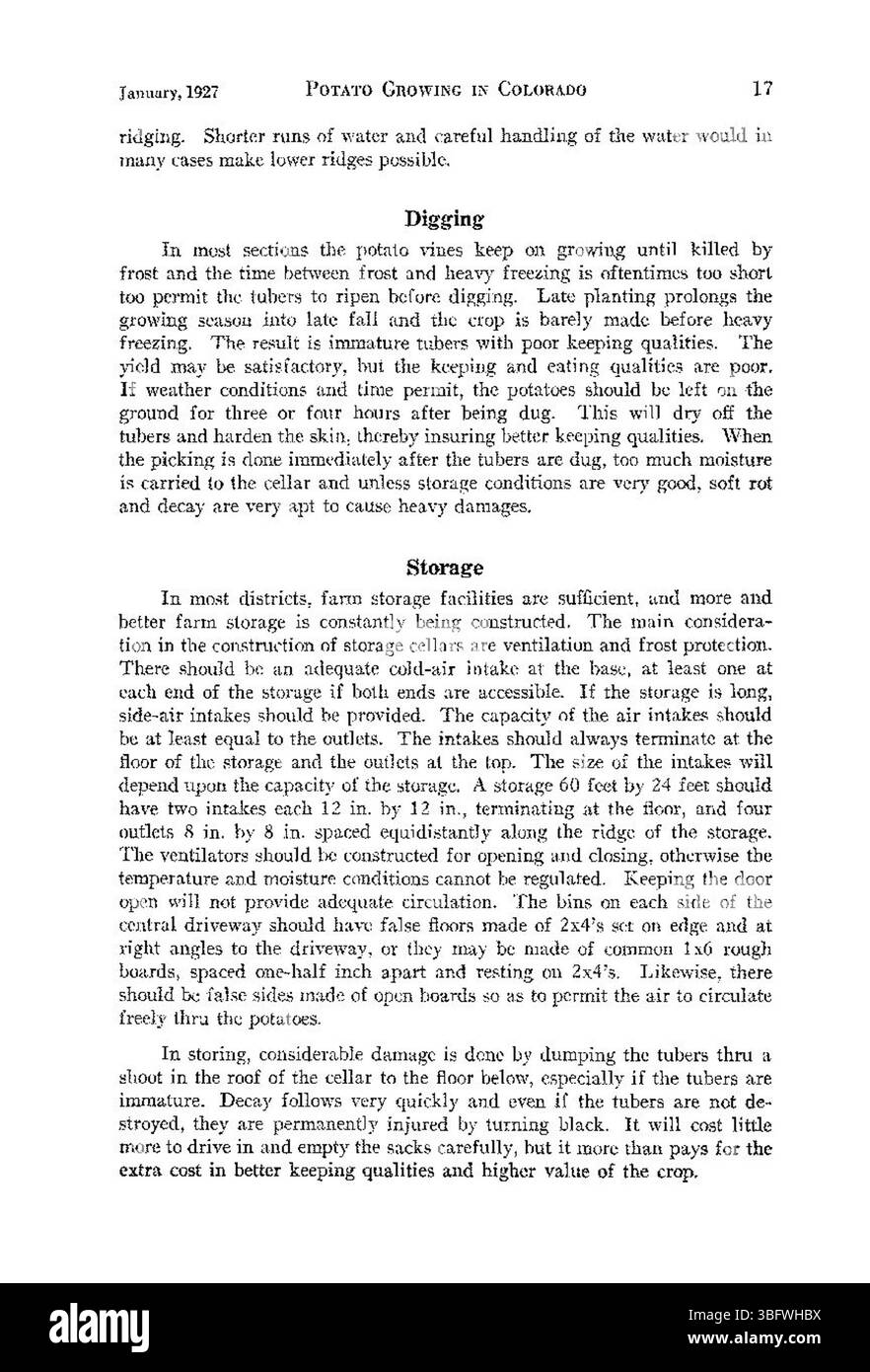 Cette photographie de janvier 1927 illustre le processus de culture de la pomme de terre au Colorado, mettant en évidence les méthodes agricoles utilisées pour cultiver la pomme de terre dans la région. Banque D'Images