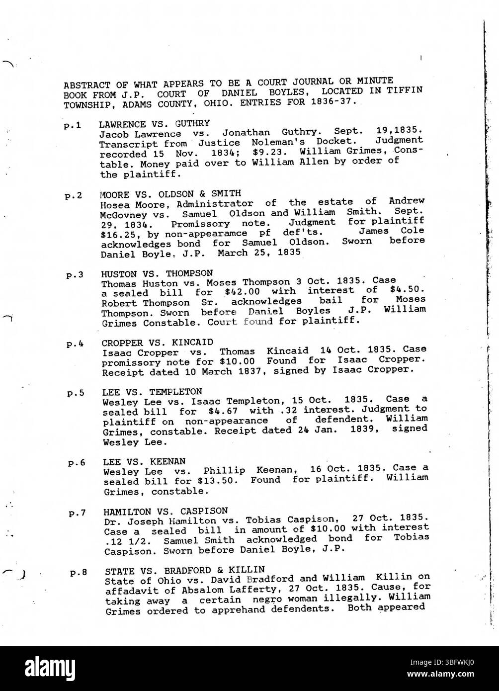 Ce volume contient des résumés du journal de la cour tenu par Daniel Boyle, un juge de paix dans le canton de Tiffin, comté d'Adams, Ohio, couvrant les années 1836 et 1837. Le journal documente les décisions et procédures juridiques sous la supervision de Boyle. Banque D'Images