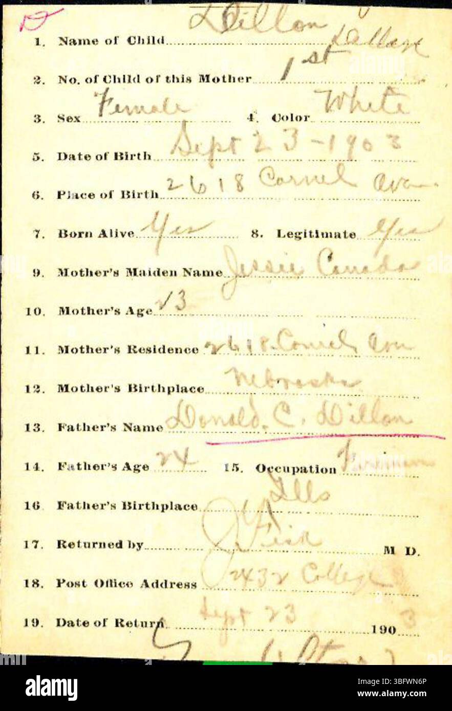 Les déclarations de naissance du comté de Marion pour les années 1882-1907, déposées par les médecins et les sages-femmes, reflètent le processus d'enregistrement précoce des naissances de l'État. Ces documents, classés par ordre alphabétique par nom de famille, comportent parfois des erreurs dues à des documents mal classés ou à une écriture manuscrite illisible. Les certificats de naissance peuvent être obtenus auprès du département de santé du comté de Marion. L'enregistrement des naissances est devenu obligatoire en 1907. Banque D'Images