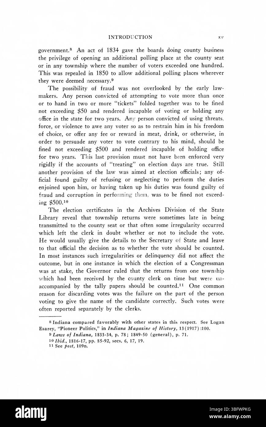 Page 15 des rapports électoraux de l'Indiana de 1816-1851, couvrant les données électorales, y compris le décompte des votes, les candidats et les résultats politiques. Cette page permet de suivre les tendances historiques de vote dans l'Indiana. Banque D'Images