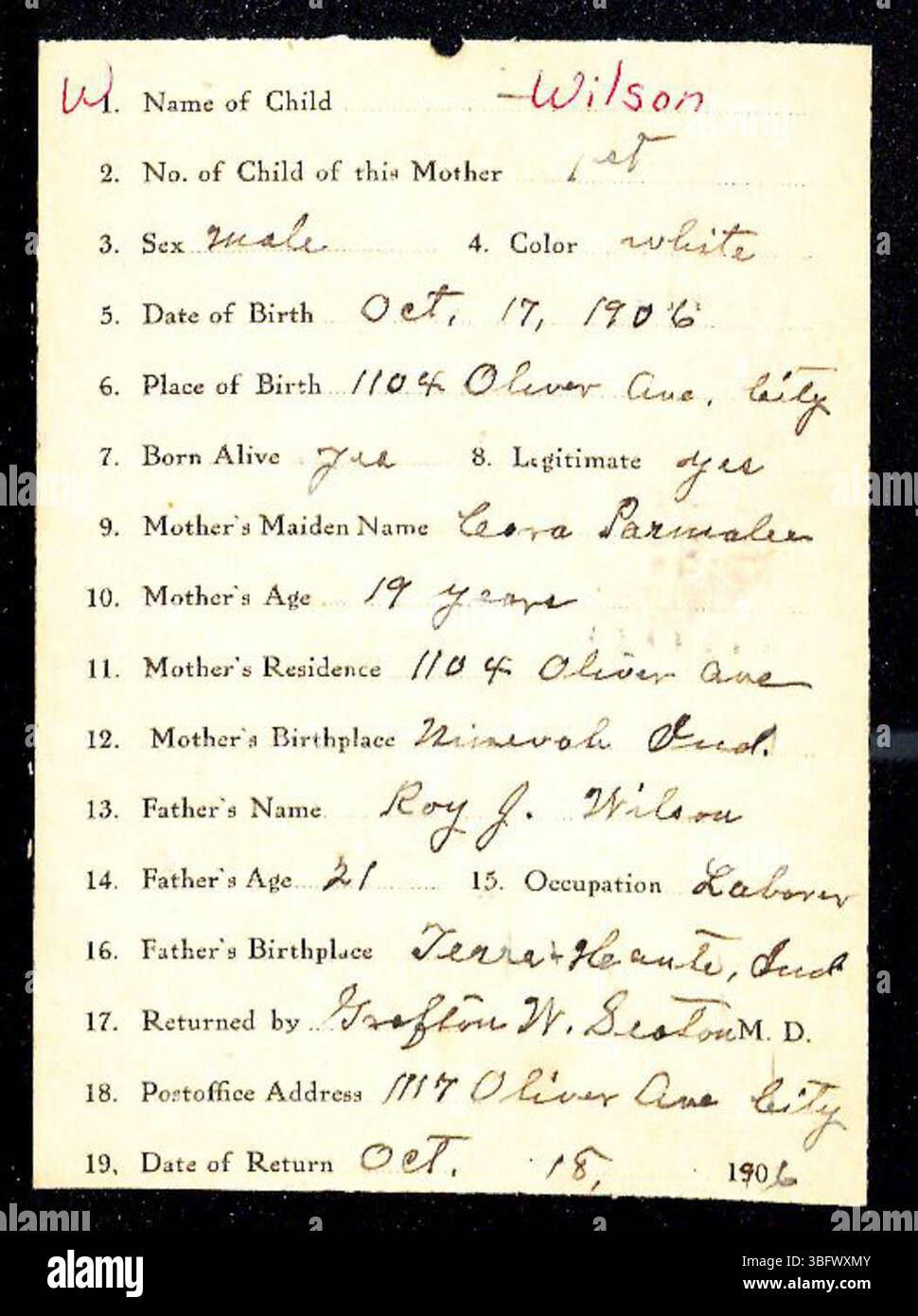 Ce dossier contient les déclarations de naissance du comté de Marion, Indiana de 1882-1907 pour les noms de famille commençant par W. déposées par les médecins et les sages-femmes auprès du département de santé du comté de Marion, ces déclarations ont été utilisées pour délivrer des certificats de naissance. L'Indiana exige l'enregistrement des naissances à partir de 1882, bien que ce soit facultatif jusqu'en 1907. Les enregistrements sont triés par ordre alphabétique par nom de famille, et certains peuvent être mal classés en raison d'erreurs d'écriture manuscrite. Les certificats de naissance sont disponibles auprès du Département de la santé. Banque D'Images