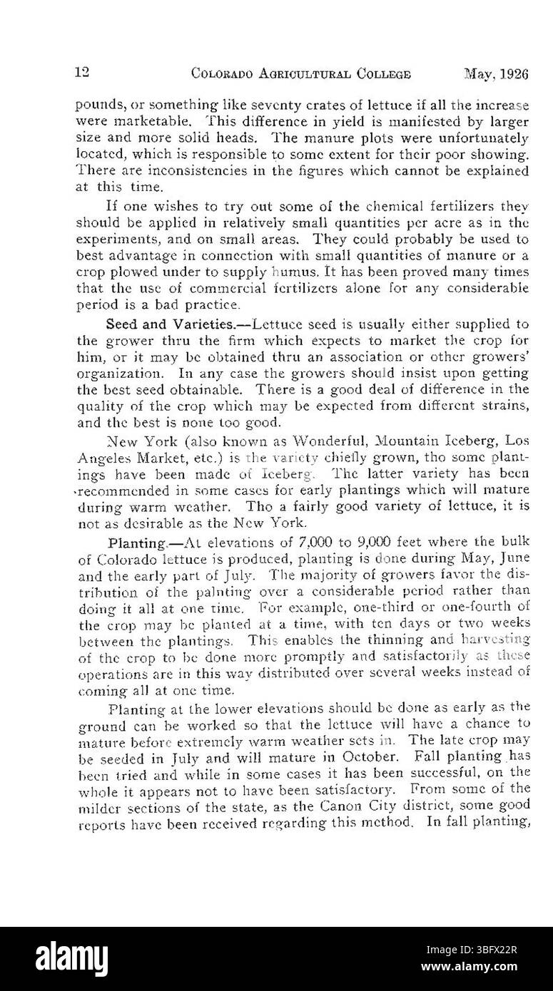 Cette page développe les techniques et les stratégies de culture de laitue, de chou-fleur et de pois dans les régions de haute altitude. Le document de 1926 décrit comment les agriculteurs se sont adaptés aux conditions environnementales difficiles. Banque D'Images