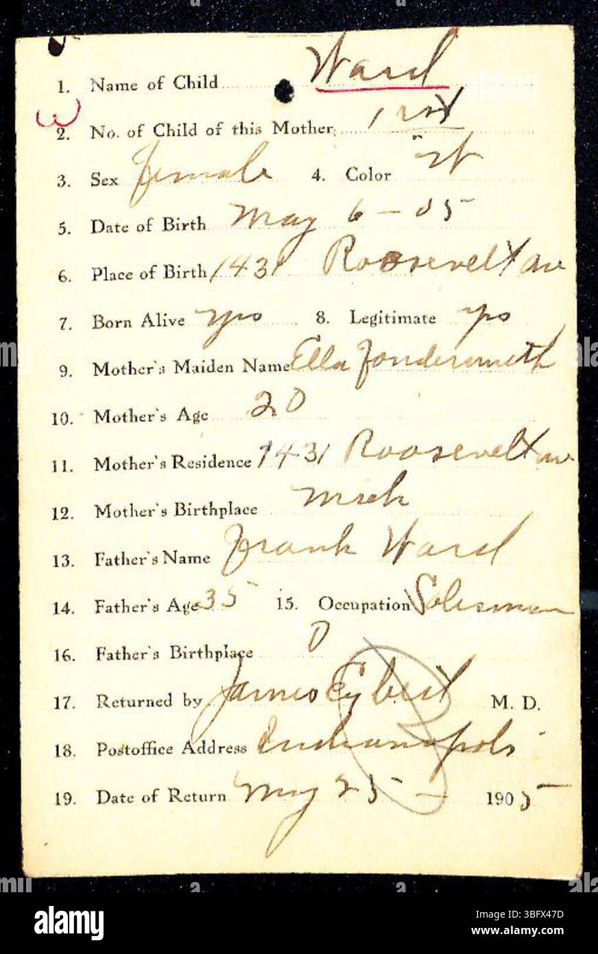 Les déclarations de naissance du comté de Marion de 1882 à 1907, déposées par les médecins et les sages-femmes auprès du département de santé du comté de Marion, documentent les enregistrements de naissance des enfants. Les certificats de naissance ont été délivrés après la production des déclarations. Certains enregistrements sont mal classés en raison d'une mauvaise écriture ou de fautes d'orthographe. Les certificats de naissance sont disponibles auprès du Département de la santé. Banque D'Images