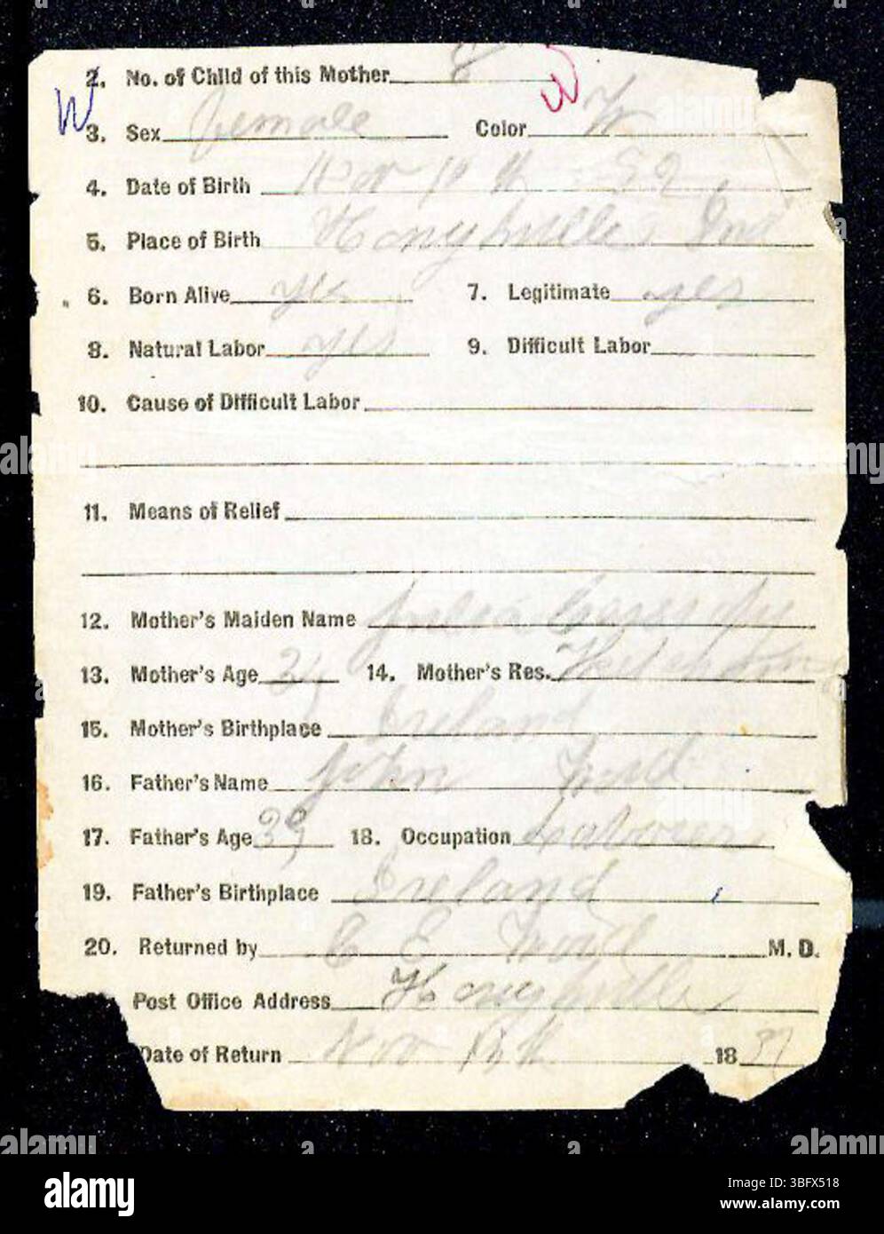 Cette collection comprend les déclarations de naissance déposées par les médecins et les sages-femmes auprès du Département de la santé du comté de Marion pour les années 1882-1907. Les registres de naissance étaient facultatifs jusqu'en 1907, de sorte que toutes les naissances n'étaient pas enregistrées. Les déclarations sont classées par ordre alphabétique par nom de famille, bien que certains documents puissent être mal produits en raison d'une mauvaise écriture ou orthographe. Les certificats de naissance de ces personnes peuvent être obtenus auprès du Département de la santé. Banque D'Images