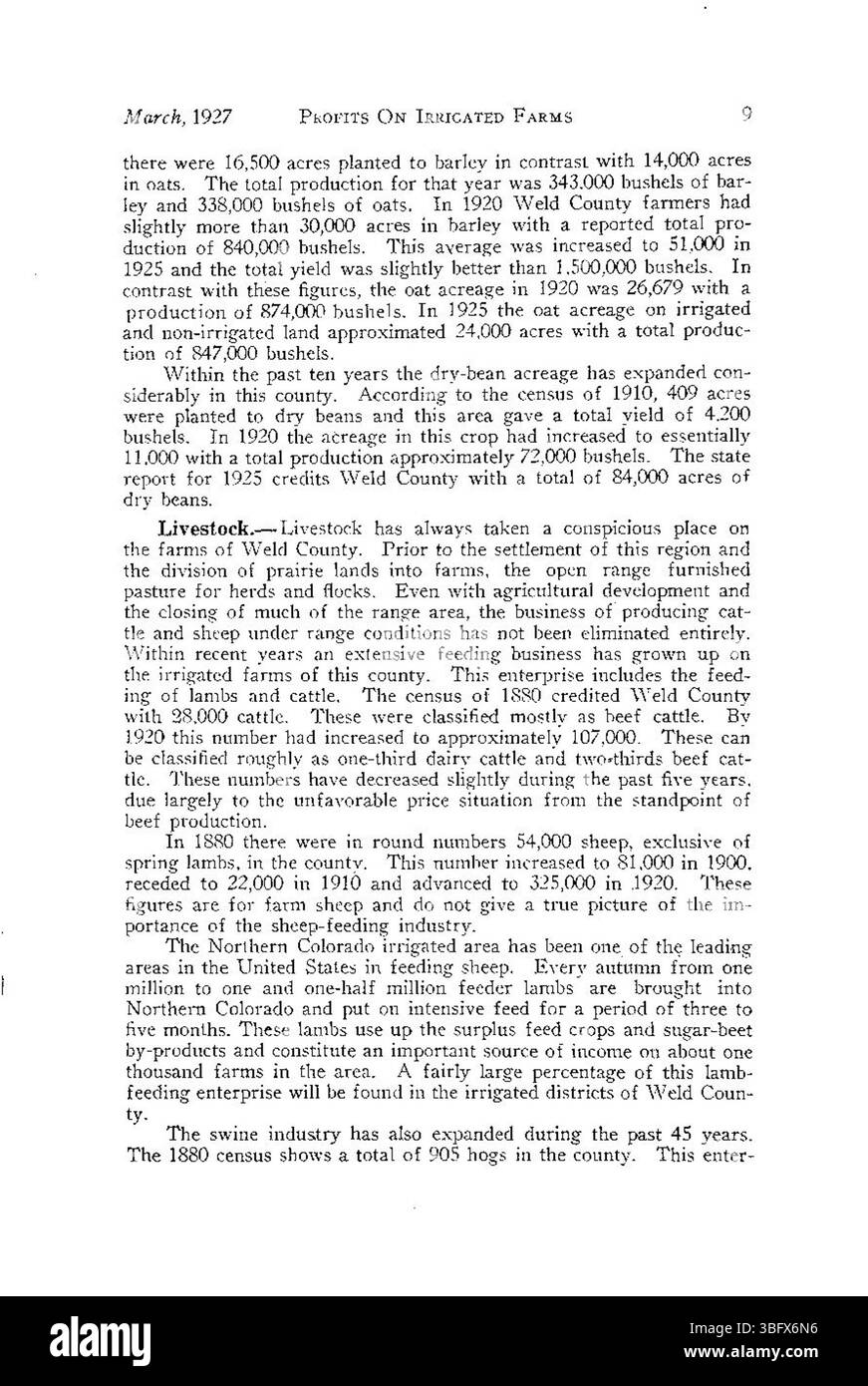 L'étude sur les bénéfices dans les exploitations irriguées (mars 1927) examine des variables clés comme les systèmes d'irrigation et la gestion des exploitations en relation avec la rentabilité des exploitations. Banque D'Images