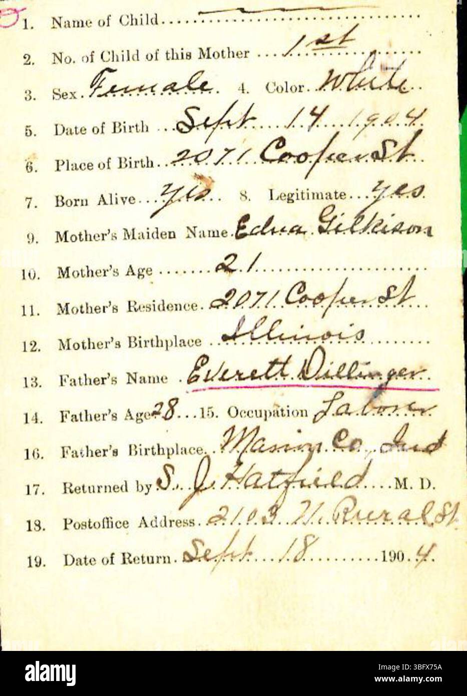 Ces déclarations de naissance du comté de Marion, datées de 1882 à 1907, ont été déposées par des médecins et des sages-femmes et traitées par le département de la santé du comté de Marion. Les déclarations sont triées par nom de famille et représentent les naissances enregistrées après 1882, date à laquelle les registres de naissance sont devenus obligatoires dans l'Indiana. Bien que certains premiers dossiers soient manquants ou mal classés en raison d'une mauvaise écriture manuscrite, le ministère peut fournir des certificats de naissance officiels sur demande. Banque D'Images
