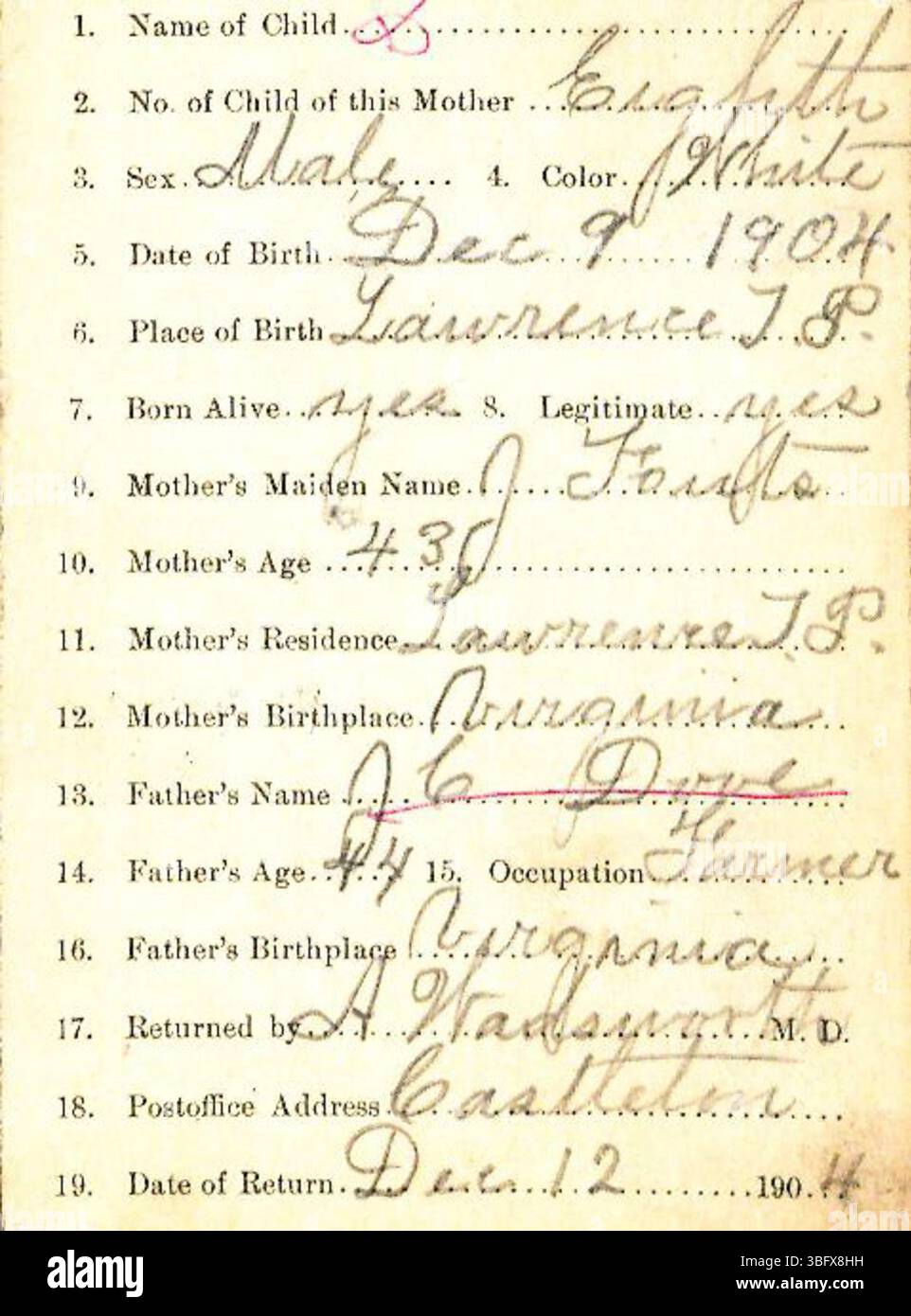 Les déclarations de naissance du comté de Marion, de 1882 à 1907, ont été déposées par les médecins et les sages-femmes et ont servi de base aux certificats de naissance. Ces enregistrements sont triés par ordre alphabétique par nom de famille, y compris les noms commençant par D. L'enregistrement des naissances était volontaire jusqu'en 1907, et certaines déclarations peuvent être mal produites en raison d'incohérences écrites ou orthographiques. Les certificats officiels peuvent être obtenus auprès du Département de la santé. Banque D'Images