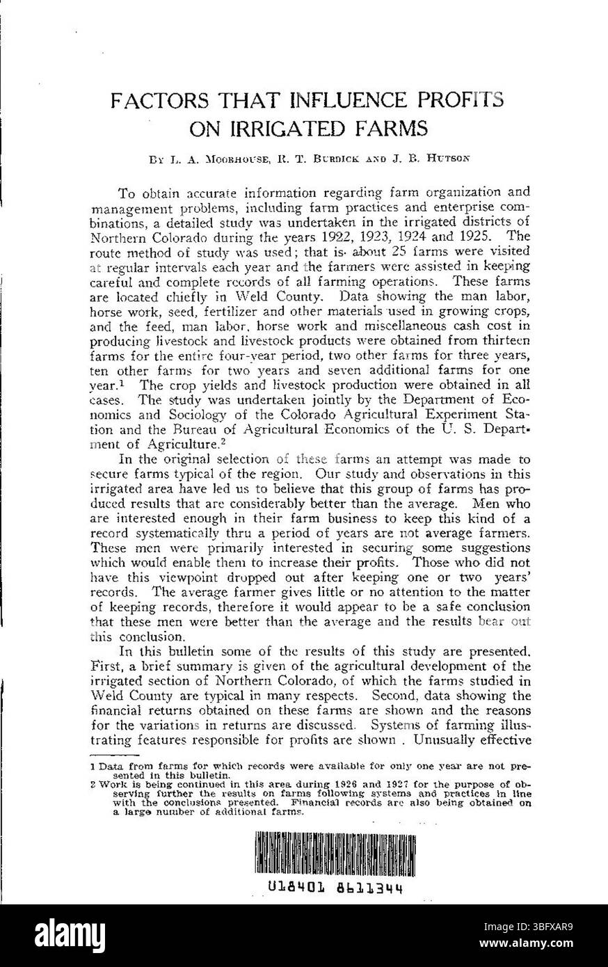 Le document de mars 1927 décrit les principales influences économiques sur les profits des exploitations irriguées, en coopération avec l'U.S.D.A. Banque D'Images