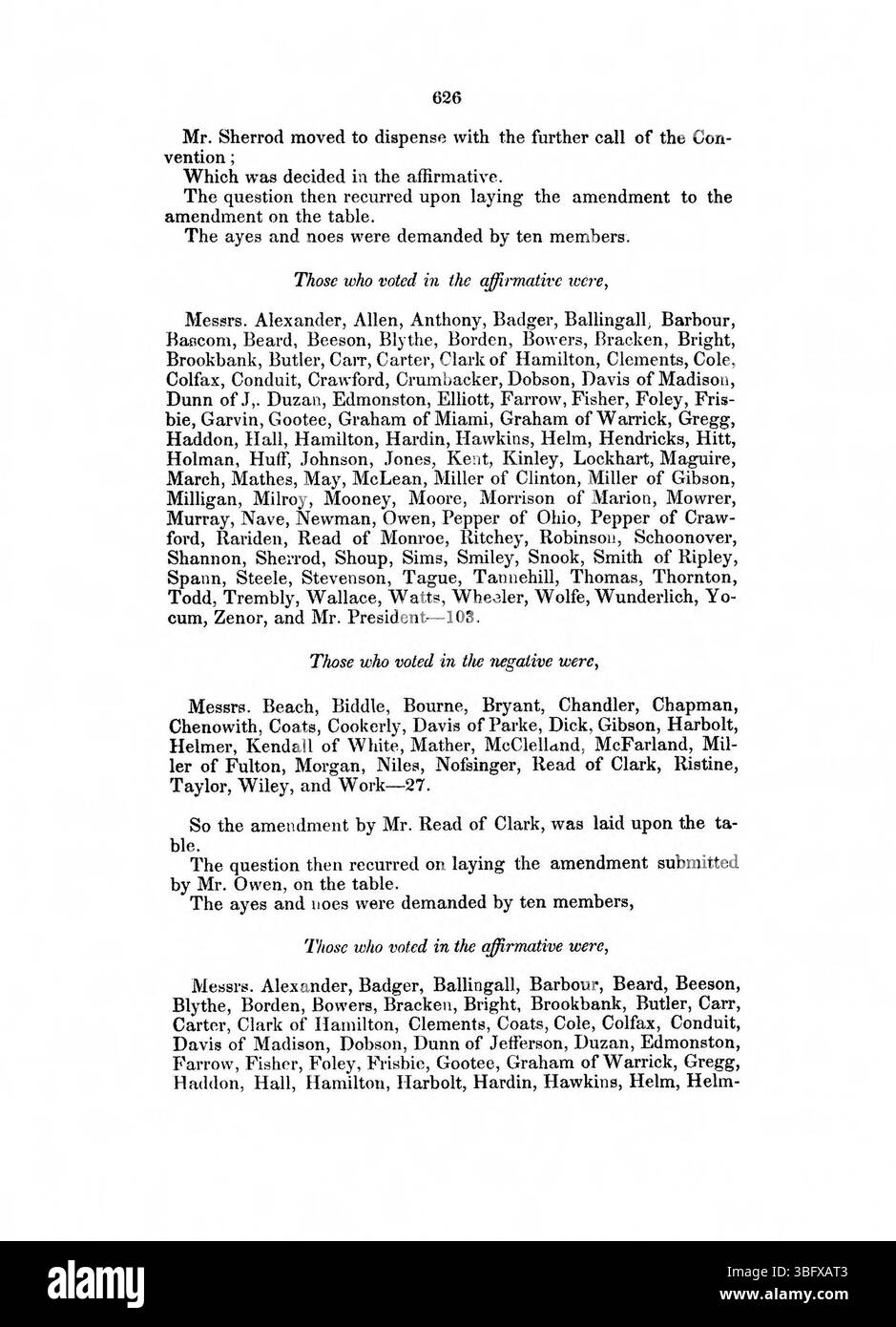 Cette page de journal documente les actions législatives de la Convention de l'Indiana de 1850, résumant les votes d'amendement et les mises à jour procédurales. Banque D'Images
