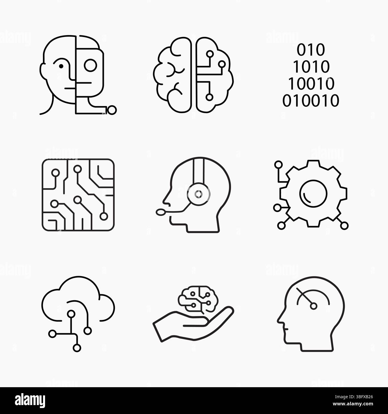 Jeu d'icônes minimaliste d'intelligence artificielle montrant la robotique, l'apprentissage automatique, la reconnaissance faciale et l'automatisation, illustration vectorielle Illustration de Vecteur