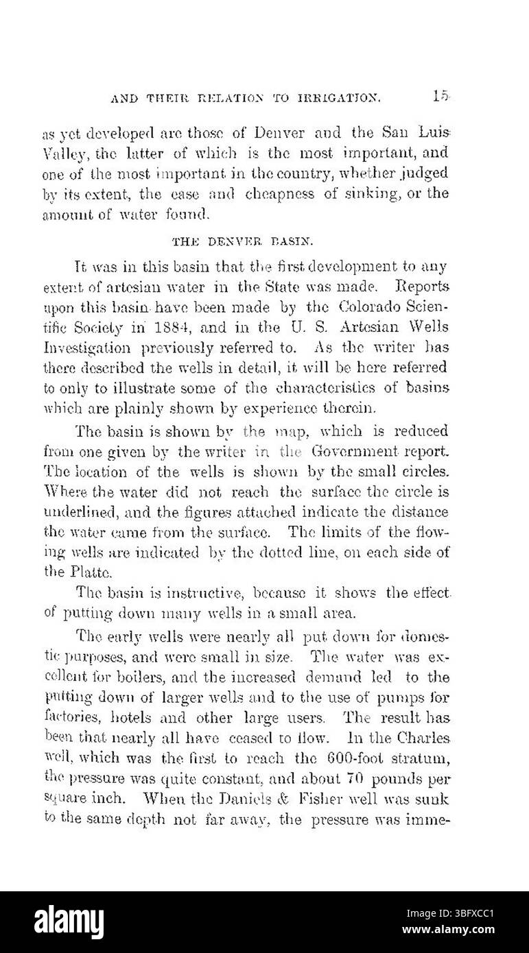 Dans ce rapport de 1891, l'importance des puits artésiens dans le système d'irrigation du Colorado est explorée. Il se concentre sur l'application pratique de ces puits pour une gestion efficace de l'eau dans les pratiques agricoles à travers l'État. Banque D'Images