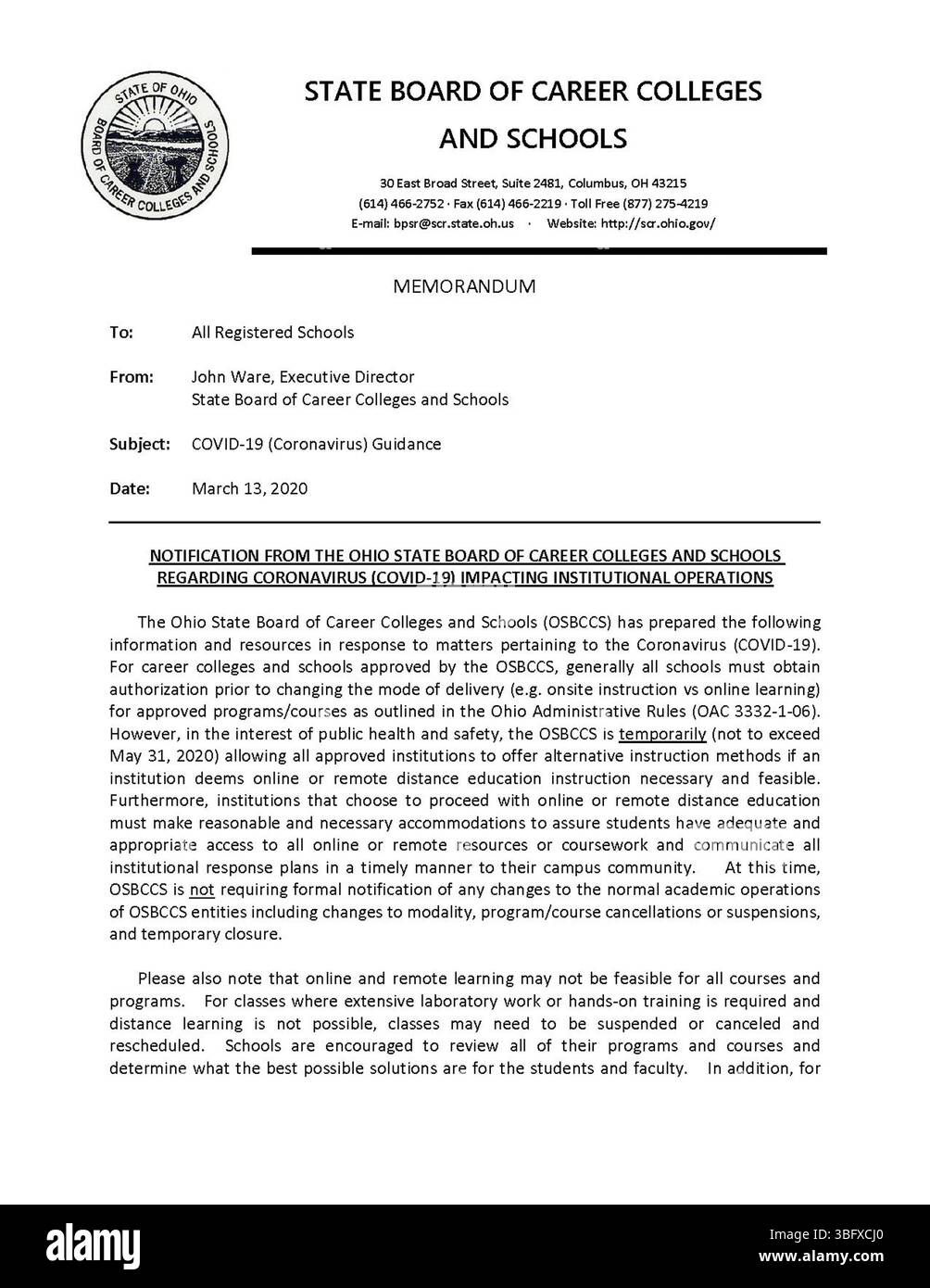 Ce mémorandum, daté du 13 mars 2020, fournit des directives officielles sur la COVID-19 à toutes les écoles inscrites. Il a été publié pour aider les établissements d'enseignement à surmonter la pandémie et à assurer la santé et la sécurité des élèves et du personnel. Banque D'Images