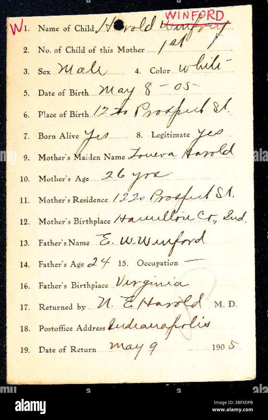 Les déclarations de naissance pour les enfants nés dans le comté de Marion, Indiana, de 1882 à 1907 ont été déposées par des sages-femmes et des médecins. Ces déclarations ont été soumises au Département de la santé pour la tenue de registres et la délivrance d'actes de naissance. L'enregistrement était volontaire avant 1907, ce qui peut expliquer les documents manquants. Ces déclarations sont classées par ordre alphabétique par nom de famille, mais peuvent être désordonnées en raison de documents mal produits. Banque D'Images