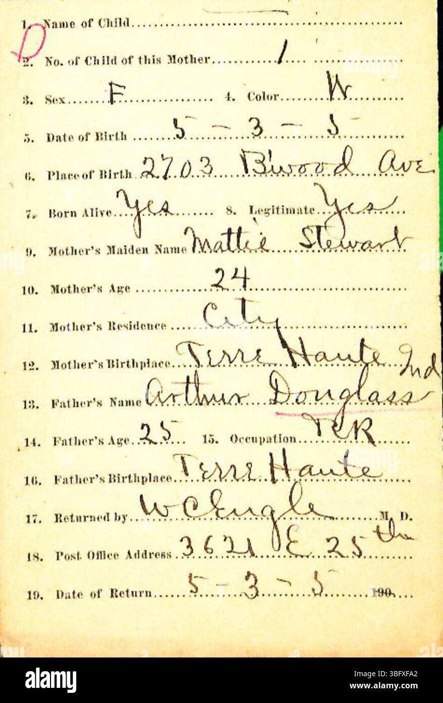 Les déclarations de naissance du comté de Marion de 1882 à 1907, produites par des sages-femmes et des médecins, ont été utilisées pour délivrer des certificats de naissance. L'enregistrement des naissances n'était pas obligatoire avant 1907, et les dossiers sont triés par nom de famille, y compris ceux commençant par D. certaines déclarations peuvent être mal produites en raison de problèmes d'écriture manuscrite. Ces dossiers sont disponibles auprès du département de santé du comté de Marion pour certification. Banque D'Images