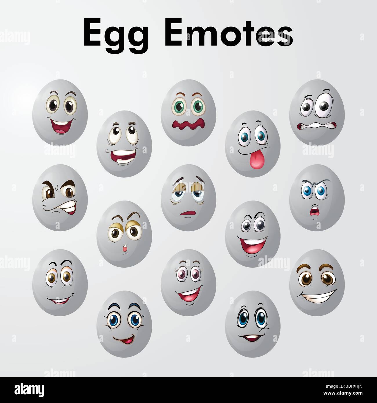 Émoticône avec jeu de vecteur de personnages d'oeuf de dessin animé. Personnage mignon d'oeuf de dessin animé avec différentes expressions faciales, émotions. Set, collection sur blanc bg. Illustration de Vecteur