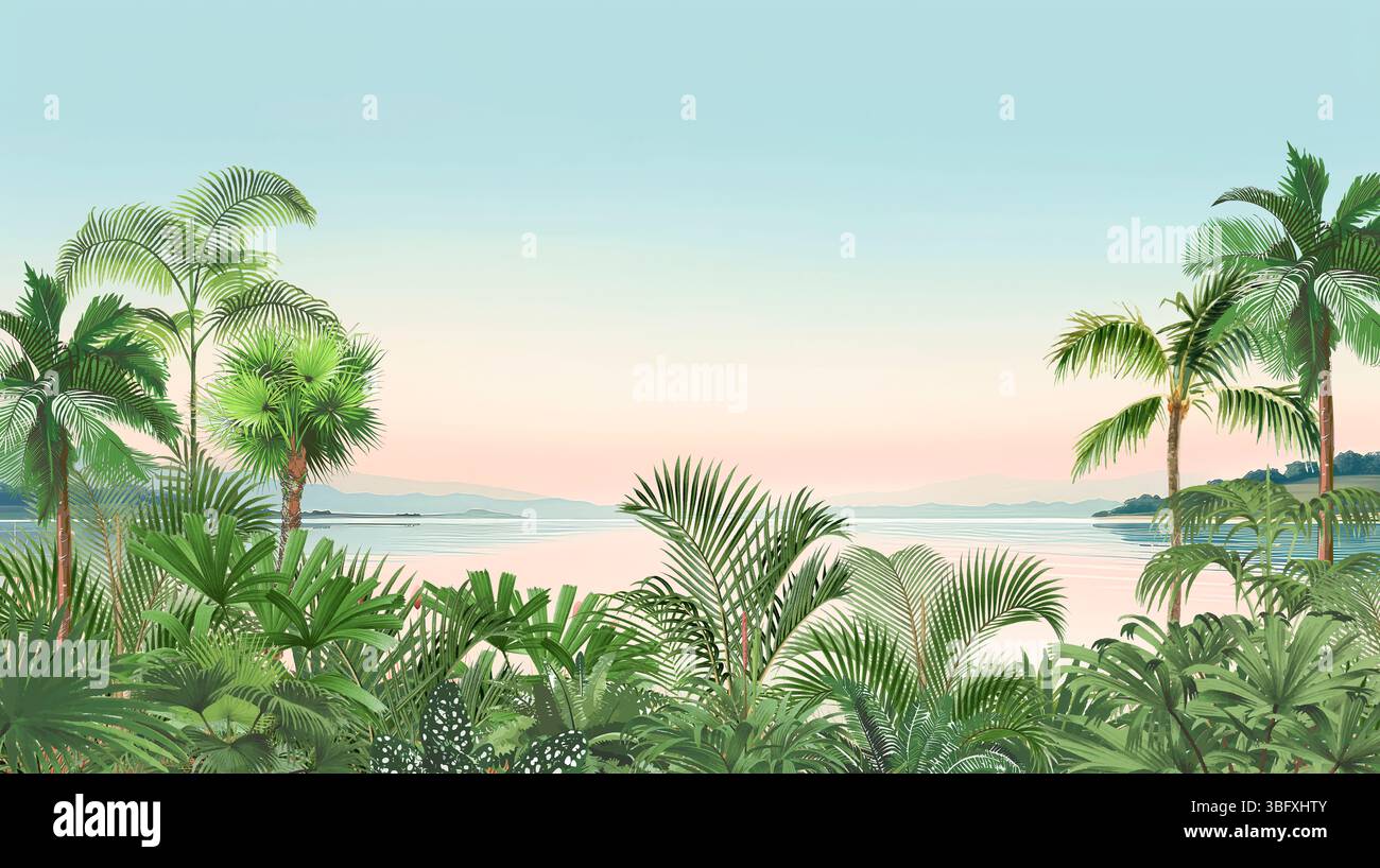 Décor côtier animé : plage tropicale rose Blue Sky avec imprimé oiseaux Banque D'Images