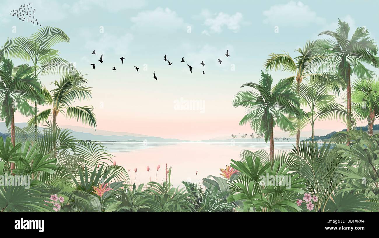 Décor côtier inspiré de la nature : plage tropicale verte avec imprimé oiseaux Banque D'Images