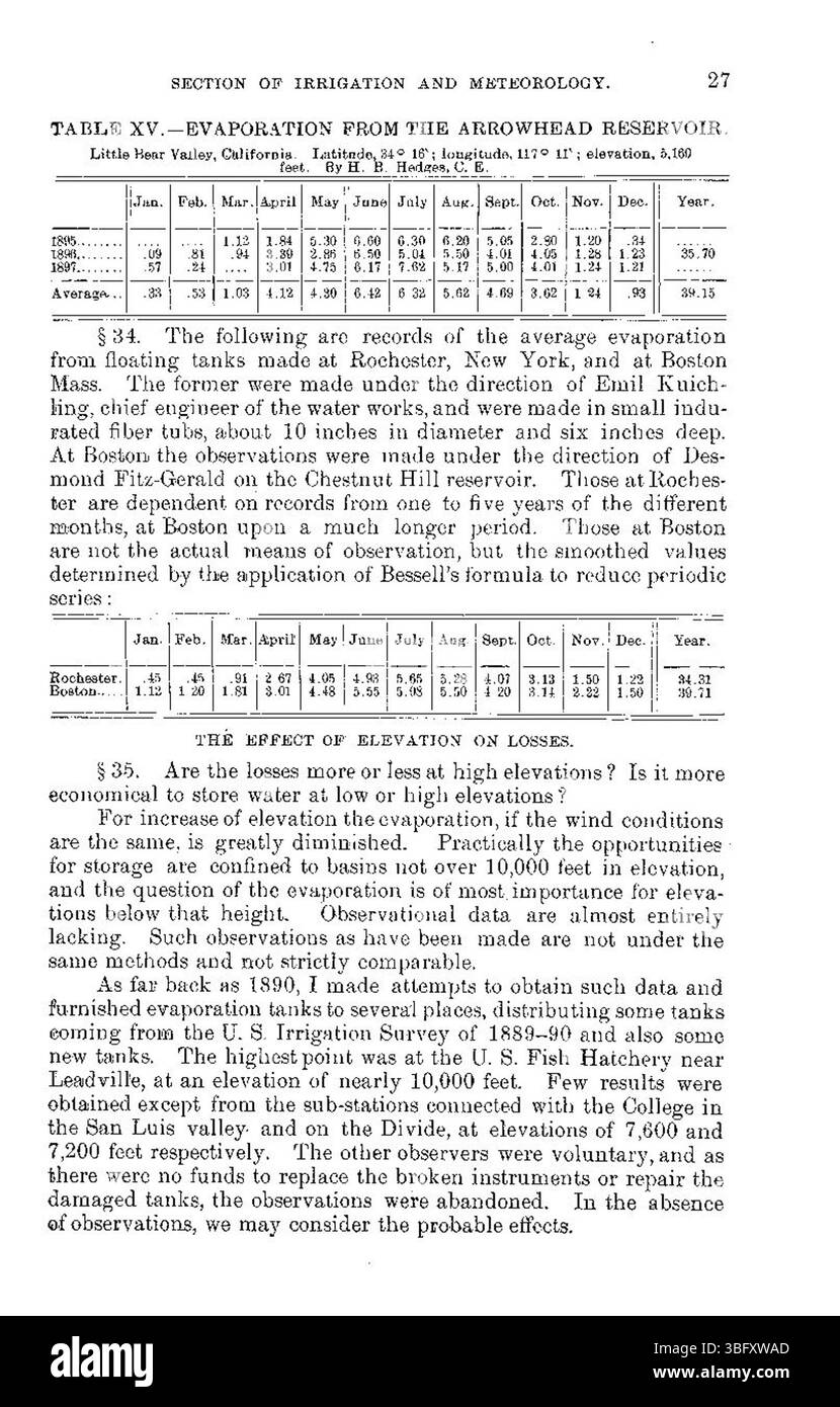 La page 27 de « perte d'eau des réservoirs par infiltration et évaporation » (1898) développe l'analyse précédente de la perte d'eau des réservoirs, en examinant plus en détail les effets de l'infiltration et de l'évaporation sur les systèmes d'approvisionnement en eau et de gestion. Banque D'Images