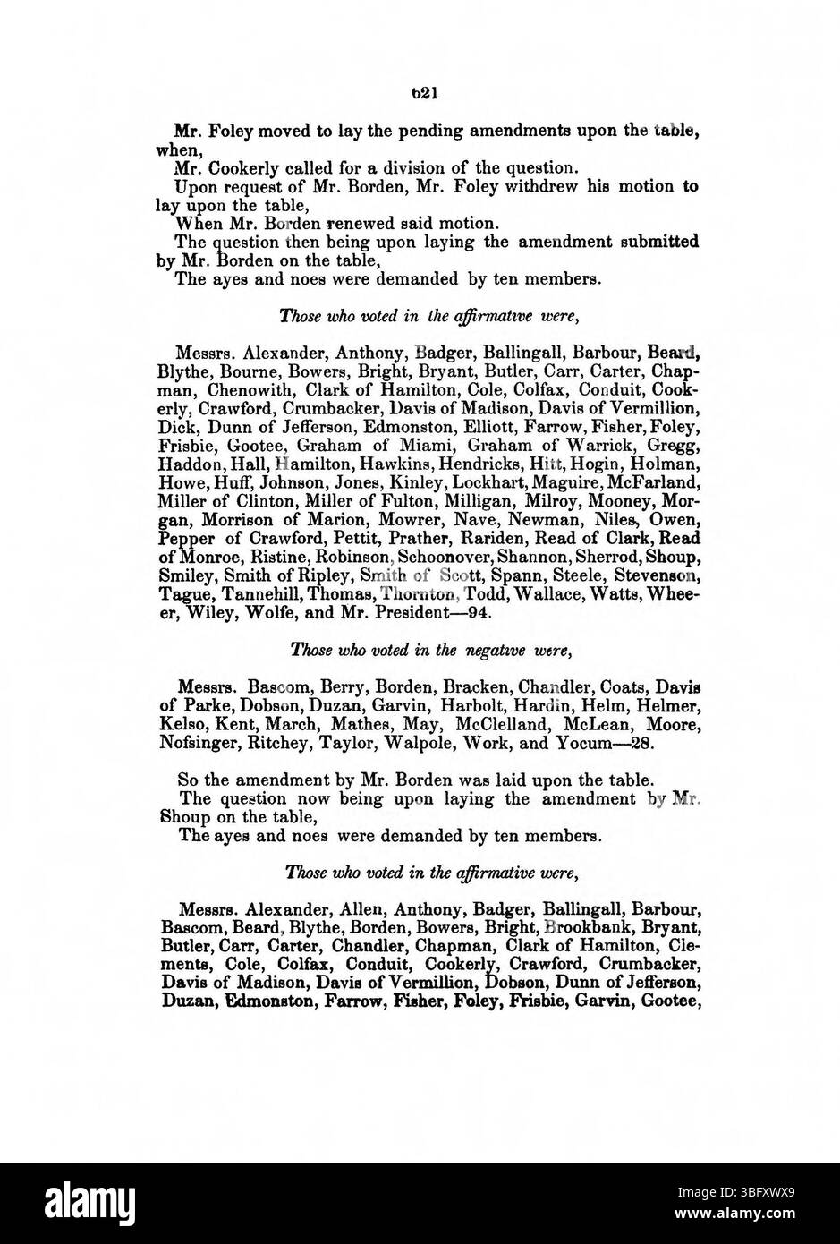 La page 622 du Journal de la Convention de l'Indiana de 1850 comprend des motions et des votes enregistrés sur les amendements constitutionnels et les questions de procédure. Banque D'Images