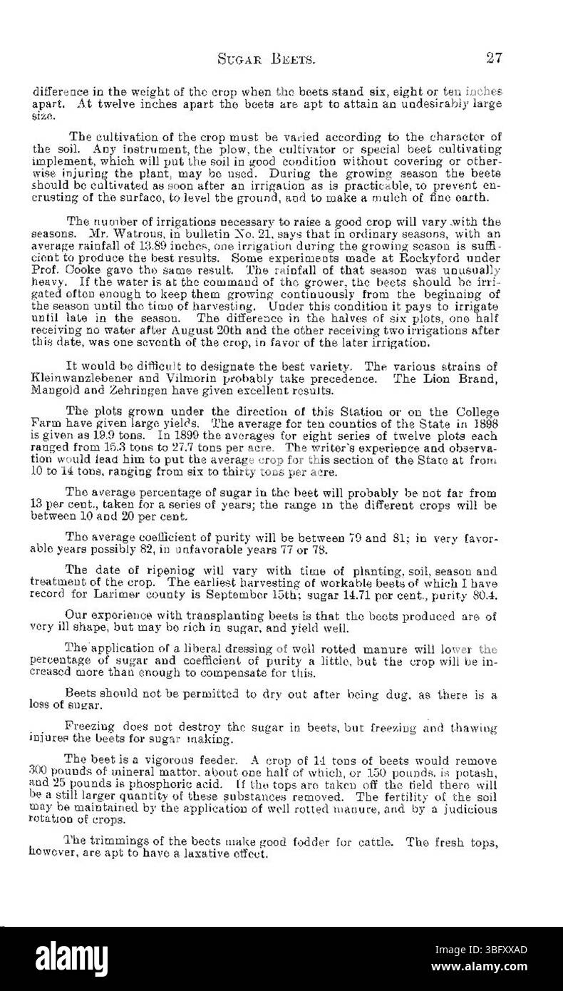 Cette page couvre les méthodes agricoles innovantes étudiées par la Agricultural Experiment Station du Colorado, en particulier l'impact de la rotation des cultures et de l'irrigation sur l'amélioration du rendement et de la qualité de la betterave à sucre. Banque D'Images Cette page couvre les méthodes agricoles innovantes étudiées par la Agricultural Experiment Station du Colorado, en particulier l'impact de la rotation des cultures et de l'irrigation sur l'amélioration du rendement et de la qualité de la betterave à sucre. Banque D'Images