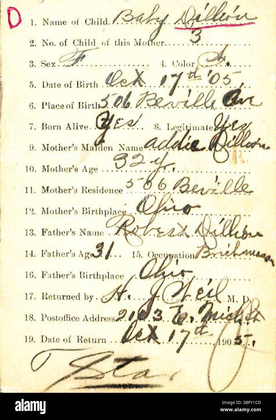 Déclarations de naissance pour le comté de Marion, Indiana, 1882-1907, déposées par des médecins et des sages-femmes. Ces déclarations étaient soumises au Département de la santé du comté de Marion, qui délivrait des certificats de naissance dès réception. Les registres de naissance étaient exigés à partir de 1882 mais étaient facultatifs jusqu'en 1907. Les déclarations sont classées par ordre alphabétique par nom de famille, bien que certains documents puissent être produits de façon erronée en raison d'erreurs d'écriture manuscrite. Les certificats de naissance peuvent être obtenus auprès du Département de la santé. Banque D'Images