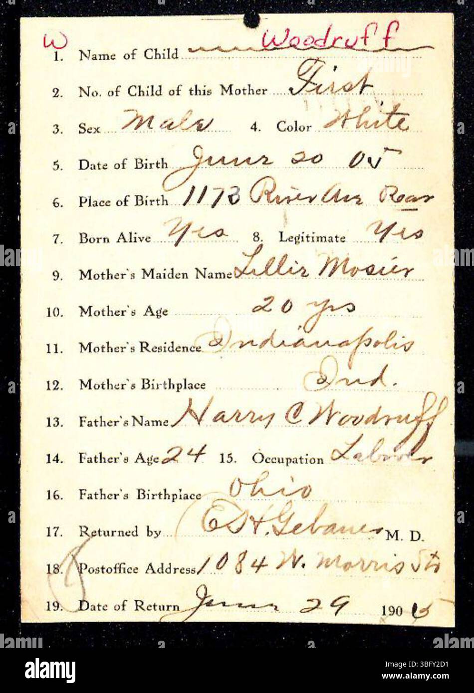 Déclarations de naissance déposées par les médecins et sages-femmes dans le comté de Marion, Indiana de 1882 à 1907, triées par ordre alphabétique par nom de famille. Ces registres ont été utilisés pour délivrer des certificats de naissance officiels. L'inscription était volontaire jusqu'en 1907, et certaines inscriptions peuvent être mal classées en raison d'erreurs d'écriture. Banque D'Images