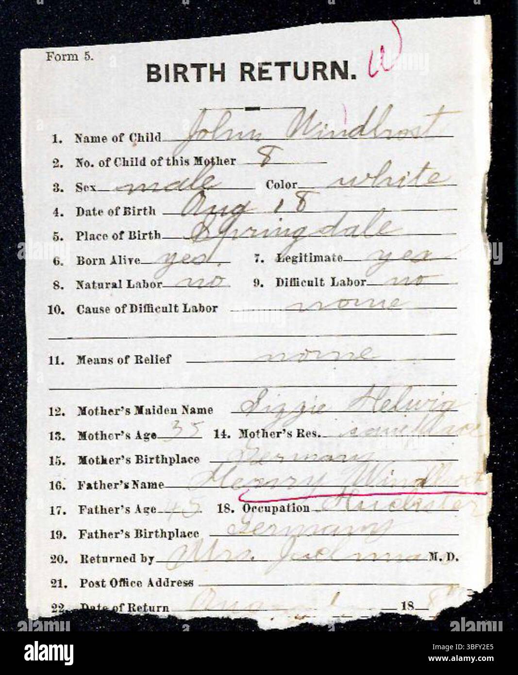 Ce document contient les déclarations de naissance des enfants nés dans le comté de Marion, Indiana, de 1882 à 1907. Les déclarations, déposées par les médecins et les sages-femmes auprès du Département de la santé, comprennent les détails nécessaires à la délivrance des certificats de naissance. L'enregistrement des naissances était facultatif jusqu'en 1907, ce qui peut expliquer des dossiers incomplets. Ces déclarations sont triées par ordre alphabétique par nom de famille, bien que certaines puissent être mal produites en raison de problèmes d'écriture manuscrite. Banque D'Images