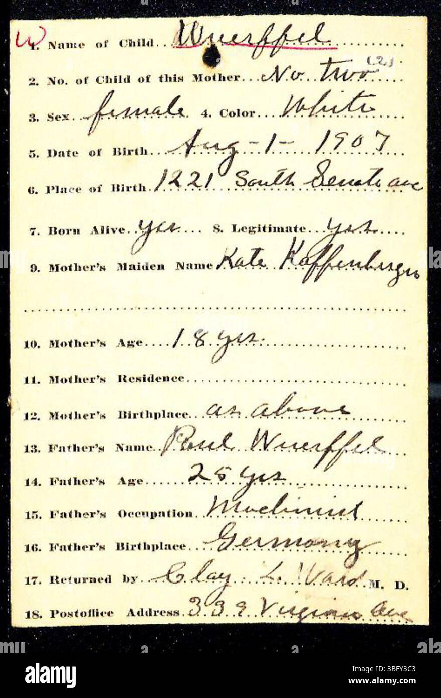 Ces déclarations de naissance du comté de Marion, Indiana, de 1882 à 1907 comprennent des dossiers déposés par des médecins et des sages-femmes. Après soumission au Département de la santé, des certificats de naissance ont été délivrés. Les registres de naissance étaient facultatifs jusqu'en 1907. Les déclarations sont classées par ordre alphabétique par nom de famille, bien que certaines puissent être mal produites en raison de fautes d'écriture ou d'orthographe floues. Les certificats de naissance peuvent être obtenus auprès du département de santé du comté de Marion. Banque D'Images