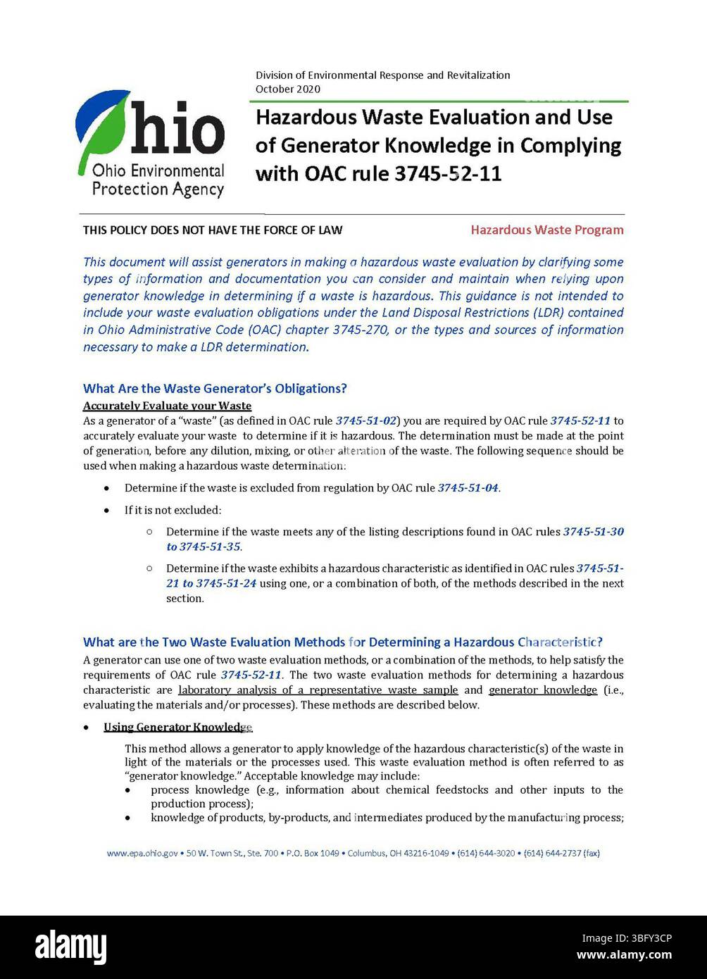 Ce document fournit des conseils sur l'évaluation des déchets dangereux et l'utilisation des connaissances sur les générateurs pour se conformer à la règle 3745-52-11, Ohio administrative Code (OAC). Le règlement couvre l'identification, la gestion et l'élimination appropriée des déchets dangereux dans le cadre juridique de l'Ohio. Publié en octobre 2020. Banque D'Images