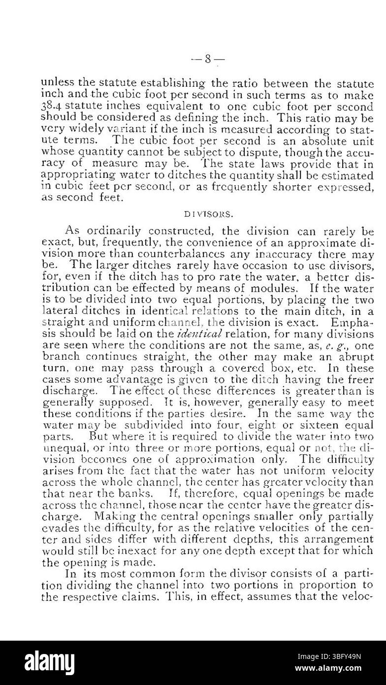 La page 8 décrit les procédures et les cadres juridiques régissant la mesure et la distribution de l'eau d'irrigation dans le bulletin révisé de 1894. Banque D'Images