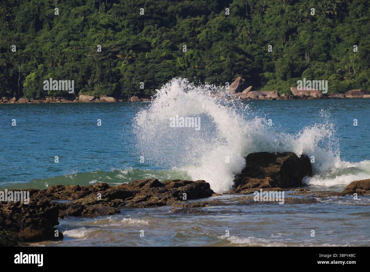 Lumière du soleil tôt le matin illuminant une vague brisée à Praia do Meio à Trindade, Rio de Janeiro, avec des piscines naturelles de Cachadaço en arrière-plan. Banque D'Images