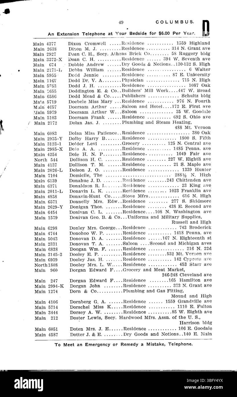 Cette page du Columbus Central Union Telephone Company Directory de 1906 répertorie les abonnés, tant les ménages que les entreprises, dans un format alphabétique. Il comprend les particuliers et les entreprises qui ont utilisé les services téléphoniques à Columbus, Ohio. Banque D'Images