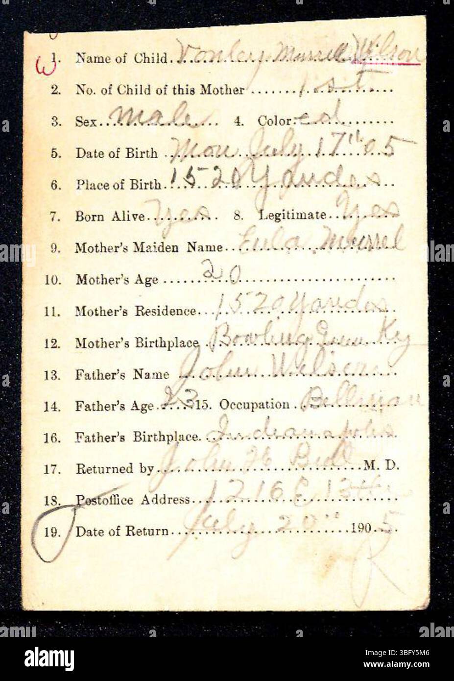 Cet ensemble de déclarations de naissance du comté de Marion, Indiana de 1882-1907 comprend les noms de famille commençant par W. déposées par les médecins et les sages-femmes, les déclarations ont été soumises au Département de la santé pour la délivrance des certificats de naissance. Si l'enregistrement des naissances est devenu obligatoire en 1907, il était auparavant facultatif. Les documents sont triés par ordre alphabétique, bien que certains aient été mal classés ou mal transcrits. Banque D'Images
