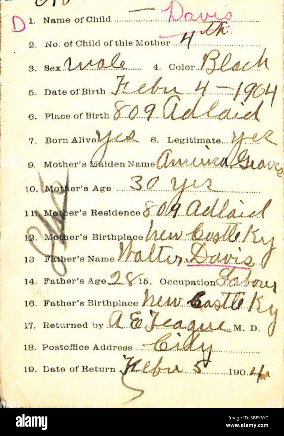 Cette entrée fournit les déclarations de naissance du comté de Marion, Indiana, déposées entre 1882 et 1907. Les déclarations, soumises par les médecins et les sages-femmes, ont servi à créer des certificats de naissance. L'enregistrement des naissances était facultatif avant 1907, et toutes les familles ne choisissaient pas de déposer un dossier. Ces retours sont triés par ordre alphabétique par nom de famille, mais certains peuvent contenir des erreurs dues à une mauvaise écriture ou orthographe. Banque D'Images