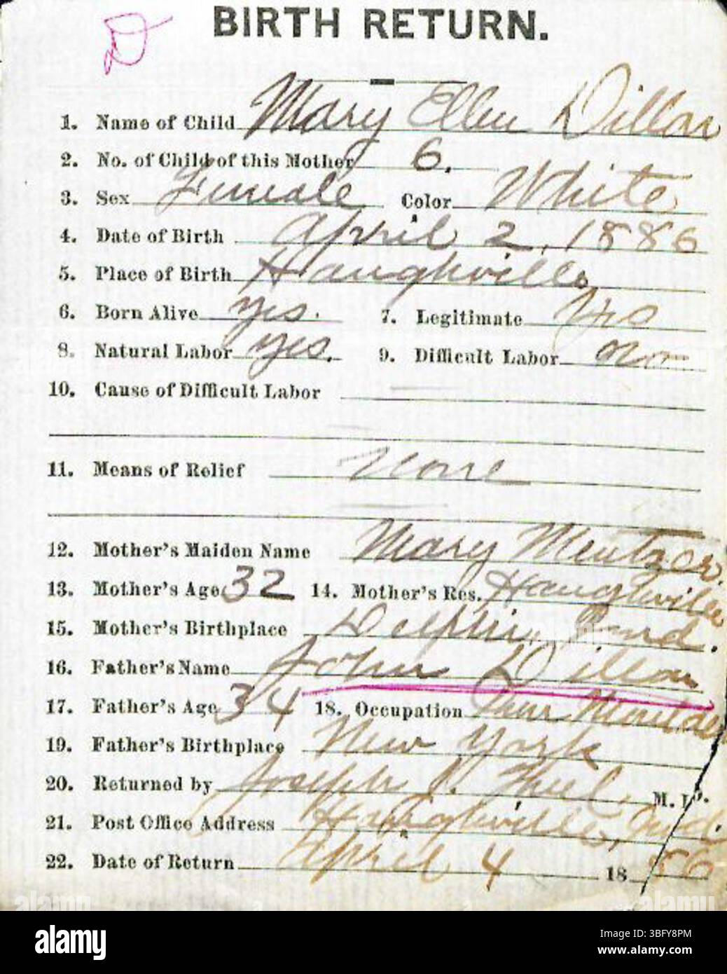 Les déclarations de naissance du comté de Marion en 1882-1907 ont été déposées par des médecins et des sages-femmes et traitées par le département de santé du comté de Marion. Les déclarations sont classées par ordre alphabétique par nom de famille, bien que certains documents puissent être mal produits en raison d'une mauvaise écriture manuscrite. L'enregistrement des naissances est devenu obligatoire dans l'Indiana en 1907. Les certificats de naissance officiels peuvent être demandés au Département de la santé. Banque D'Images