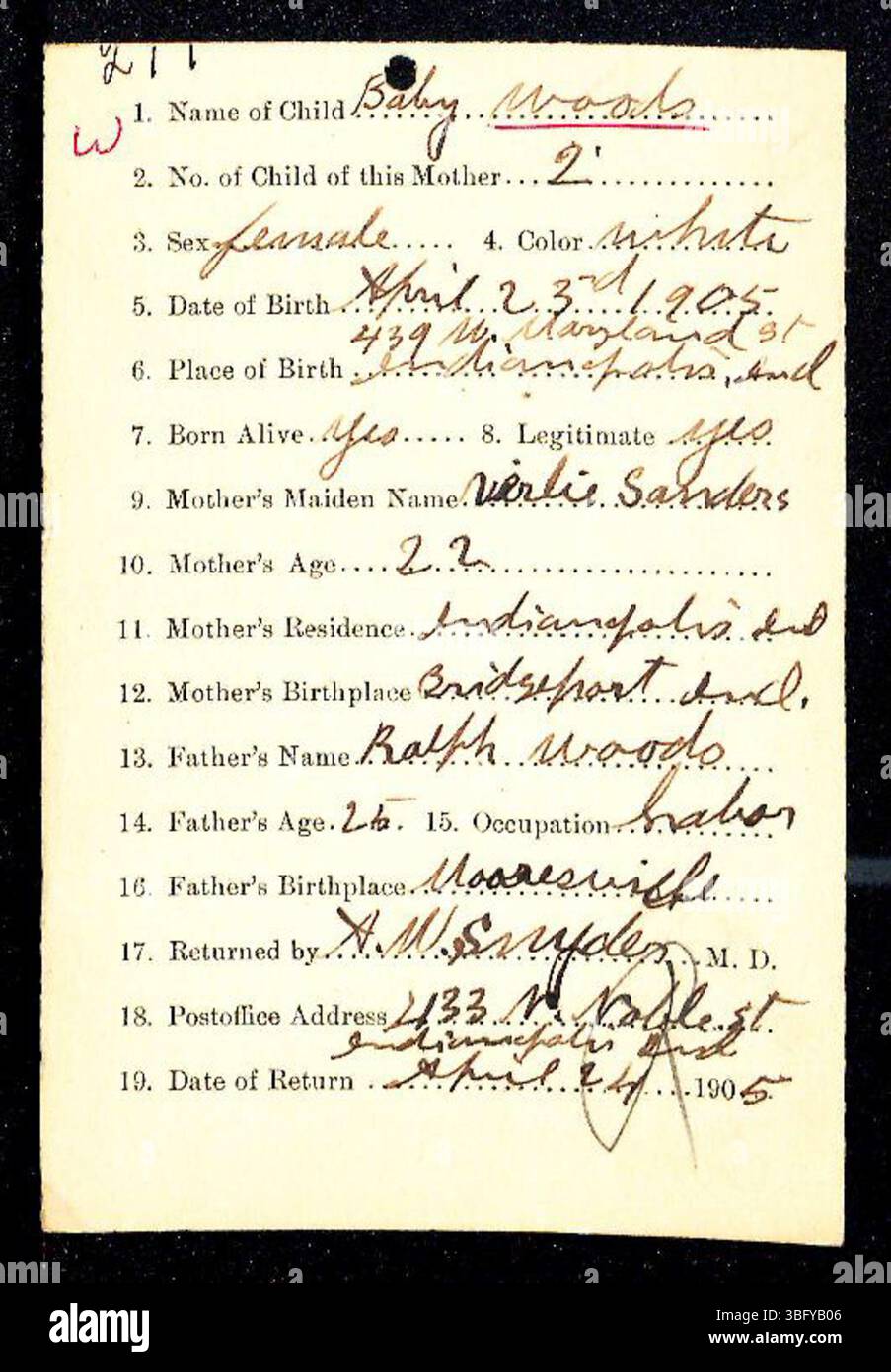 Ce sont les retours de naissance du comté de Marion de 1882 à 1907. Classés par les médecins et les sages-femmes, les dossiers ont été utilisés pour délivrer des certificats de naissance. Ils sont triés par ordre alphabétique par nom de famille, bien que des erreurs occasionnelles ou une mauvaise écriture manuscrite peuvent entraîner certains enregistrements à être mal classés. Banque D'Images