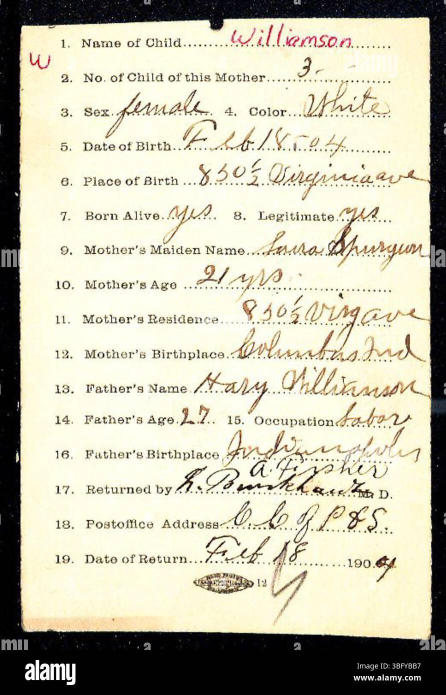 Ce document contient les déclarations de naissance du comté de Marion, Indiana, pour les personnes dont le nom de famille commence par W, datées entre 1882 et 1907. Les déclarations sont soumises par les médecins et les sages-femmes au Département de la santé, qui délivre des certificats de naissance dès réception. L'inscription était facultative jusqu'en 1907. Les enregistrements sont principalement alphabétiques, mais peuvent comporter des fautes d'orthographe ou des incohérences d'écriture. Banque D'Images