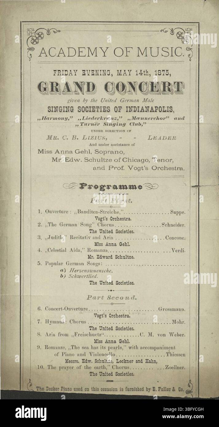 Le Grand concert qui a eu lieu le 14 mai 1875, mettait en vedette les United German Male Singing Societies d'Indianapolis. L'événement était un concert en soirée à grande échelle, mettant en valeur les talents vocaux de plusieurs chœurs masculins allemands de la région. Banque D'Images