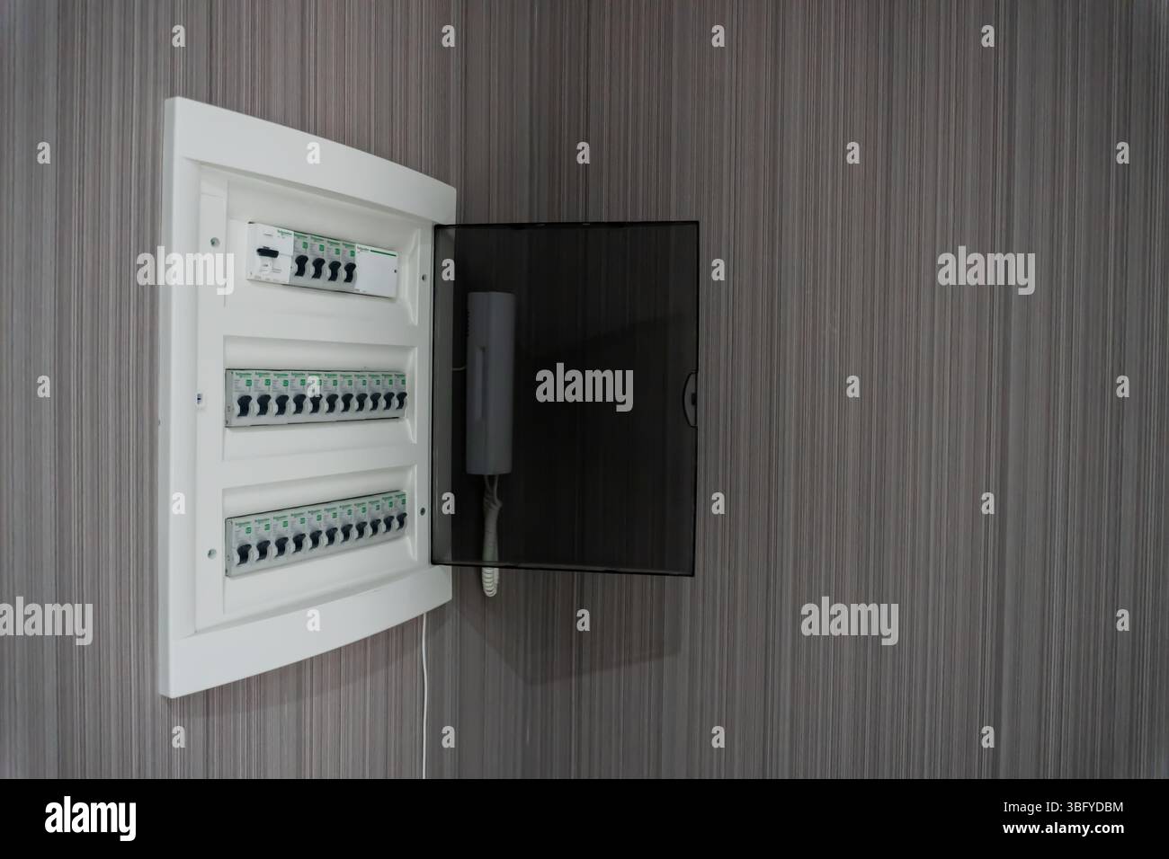 Vue rapprochée d'un consommateur électrique moderne ou d'une boîte à fusibles, avec une rangée de disjoncteurs électriques Schneider blancs avec interrupteurs noirs Banque D'Images