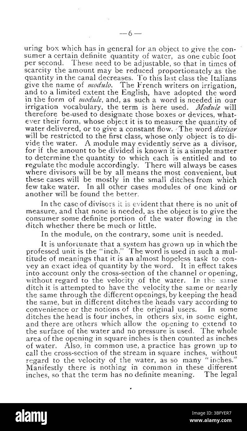 La page 6 de la troisième édition révisée de 1894 du Bulletin No 13 traite des méthodes utilisées pour mesurer et diviser les ressources en eau à des fins agricoles et légales. Banque D'Images