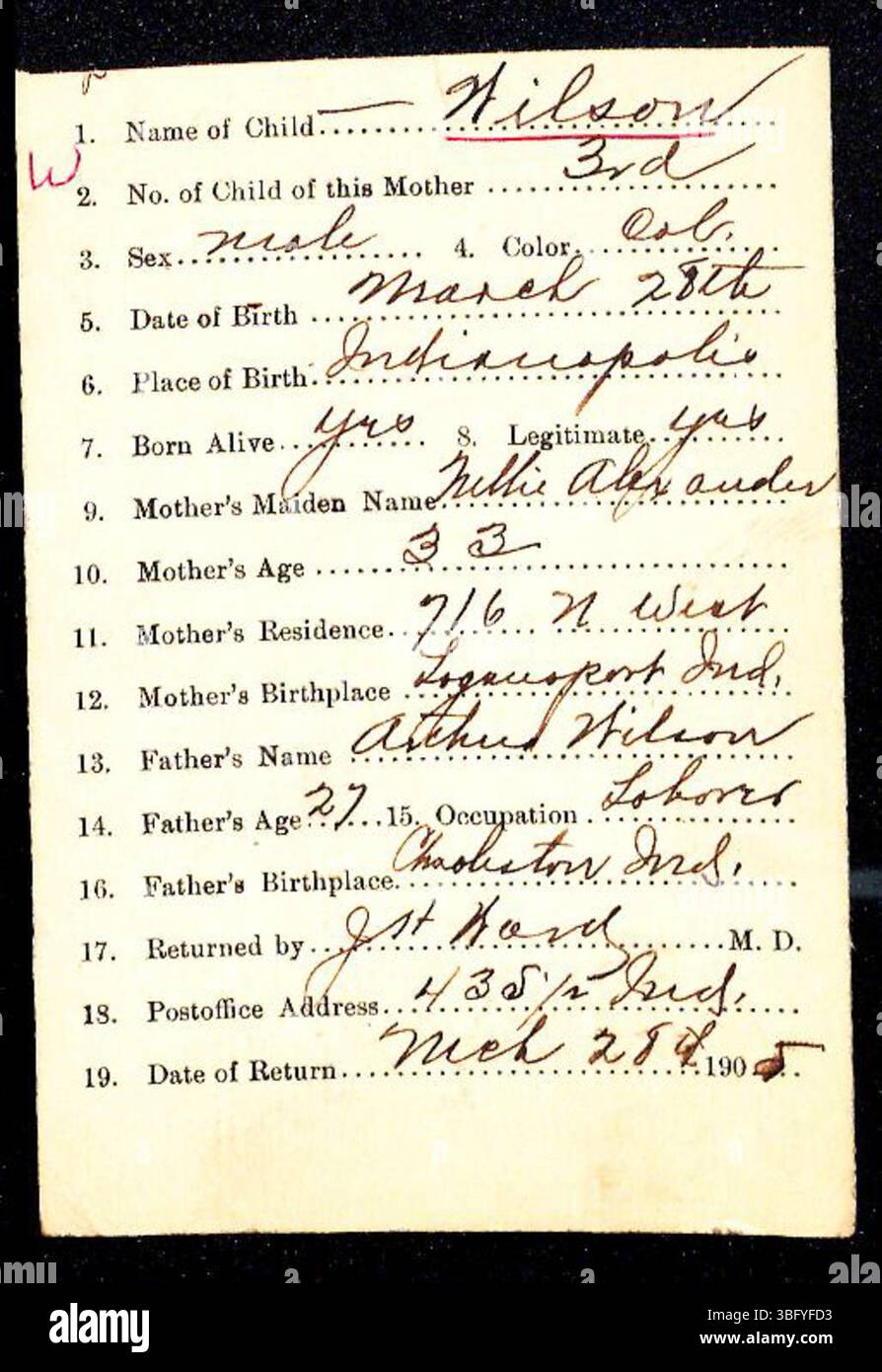 Marion County Birth revient de 1882-1907 pour les noms de famille commençant par W, classés par les médecins et les sages-femmes. Les dossiers, utilisés pour délivrer les certificats de naissance, sont organisés par ordre alphabétique. Bien que l'enregistrement des naissances n'ait été obligatoire qu'en 1907, le Département de la santé a accepté les déclarations et délivré des certificats de naissance officiels. Certains documents peuvent être en panne ou mal classés en raison d'une mauvaise écriture. Banque D'Images