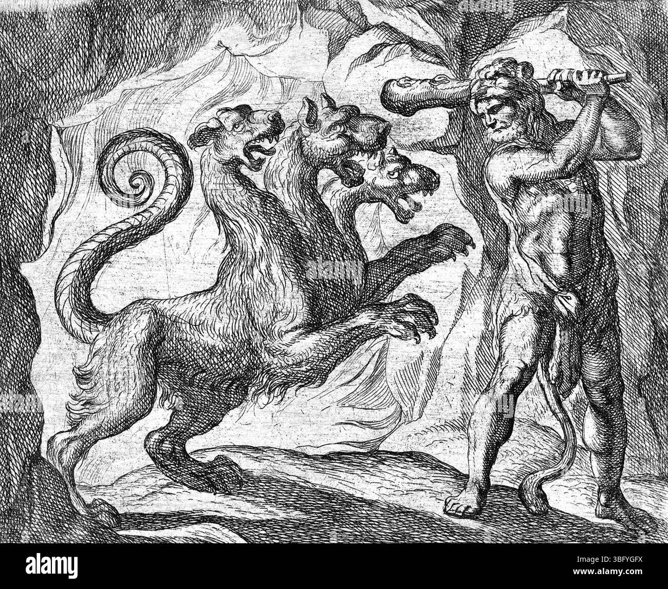 Cerberus. Hercule et Cerbère (Cerberum domat Hercule), extrait des métamorphoses d'Ovide, gravure, 1606 Banque D'Images